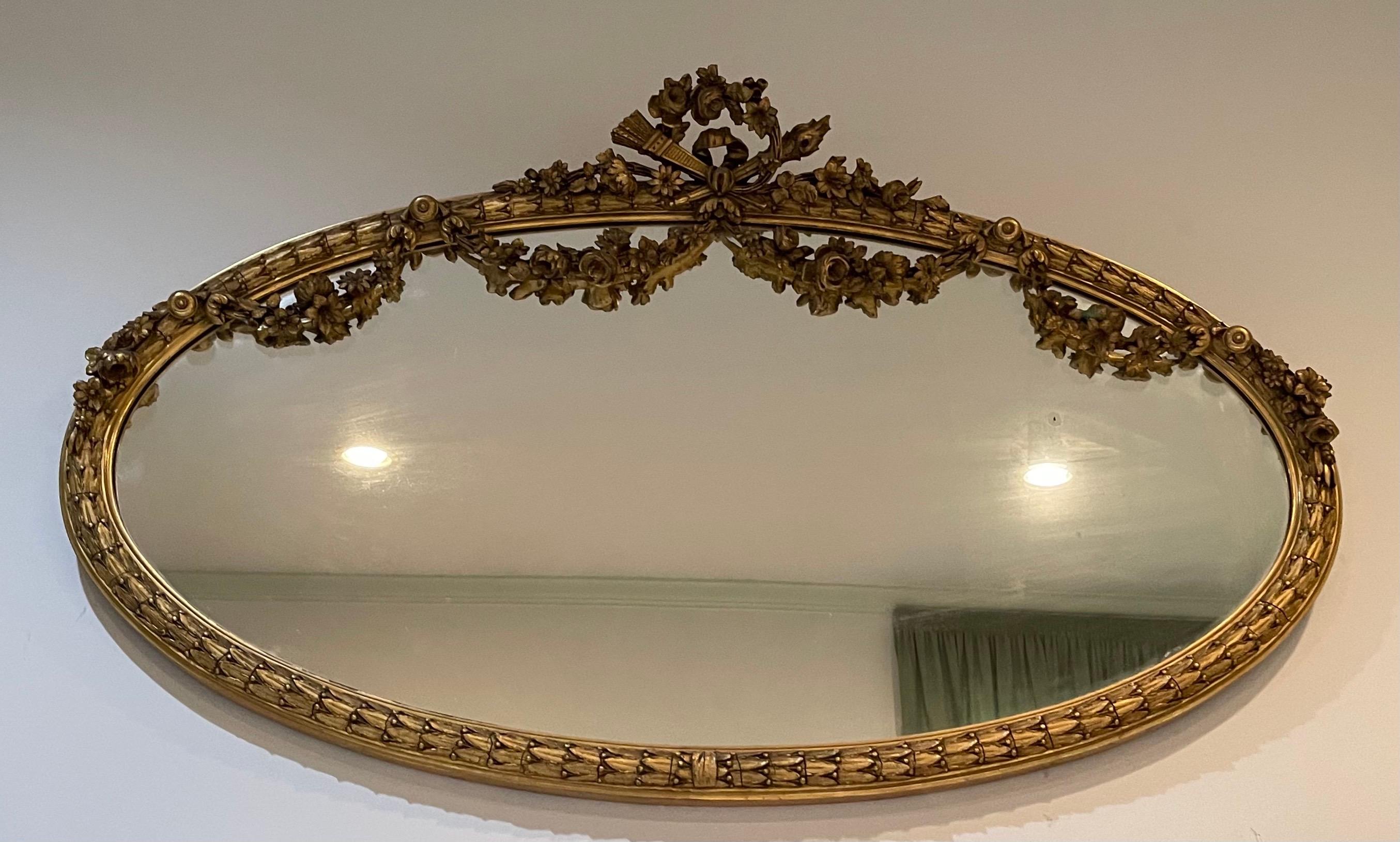 Wonderful French Louis XVI Horizontal Oval Giltwood Swag Over Mantle Mirror 2