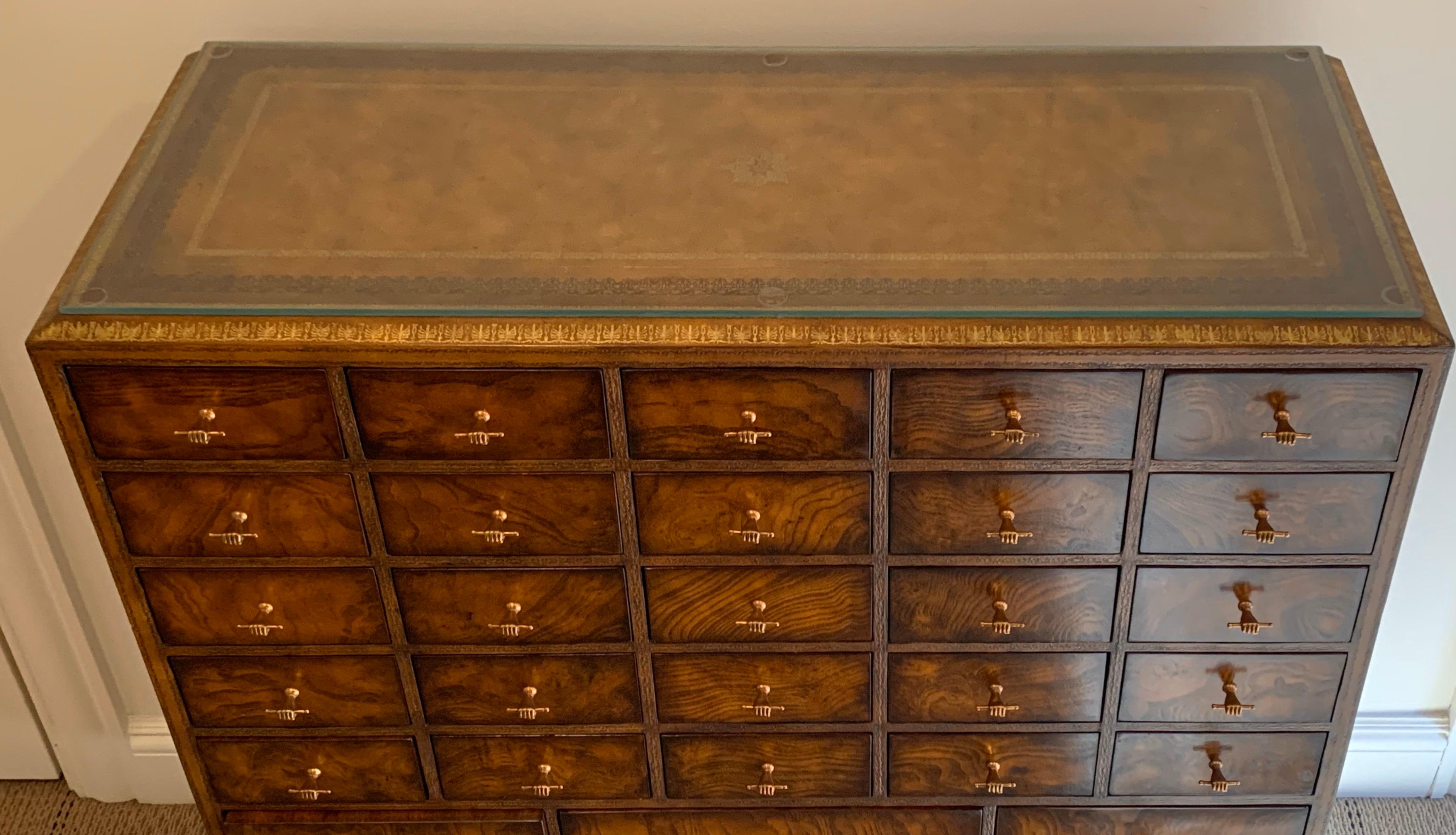 Regency Wonderful French Louis XVI Tan Tooled Leather Multi Drawer Chest Maitland Smith