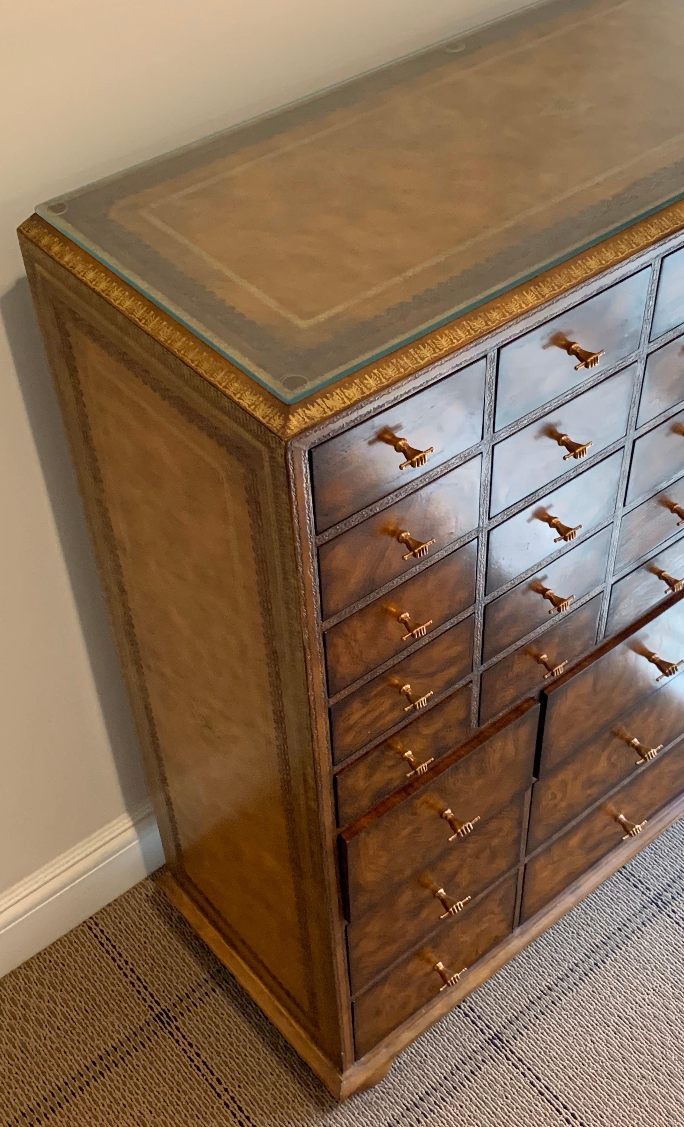 Gilt Wonderful French Louis XVI Tan Tooled Leather Multi Drawer Chest Maitland Smith