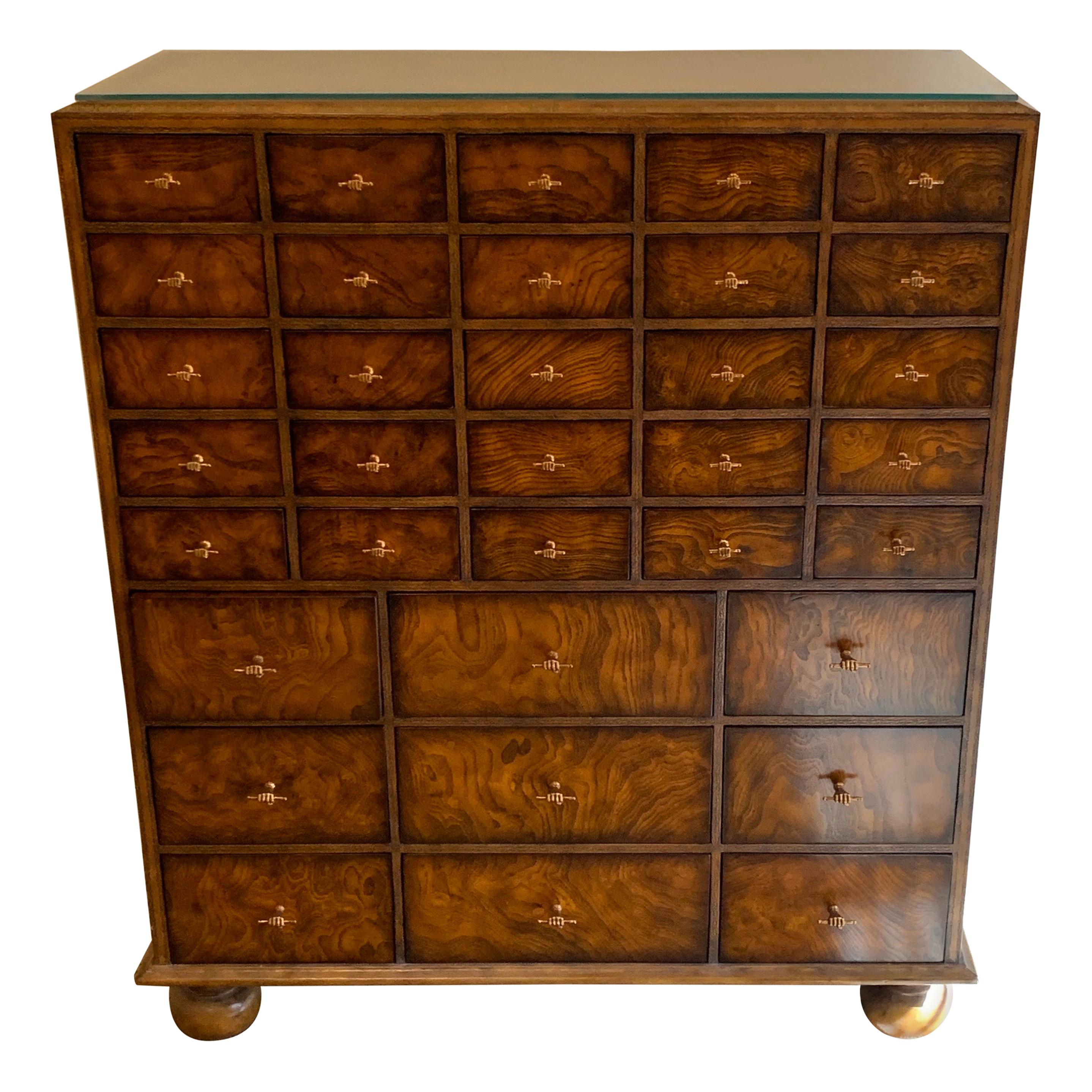 Wonderful French Louis XVI Tan Tooled Leather Multi Drawer Chest Maitland Smith