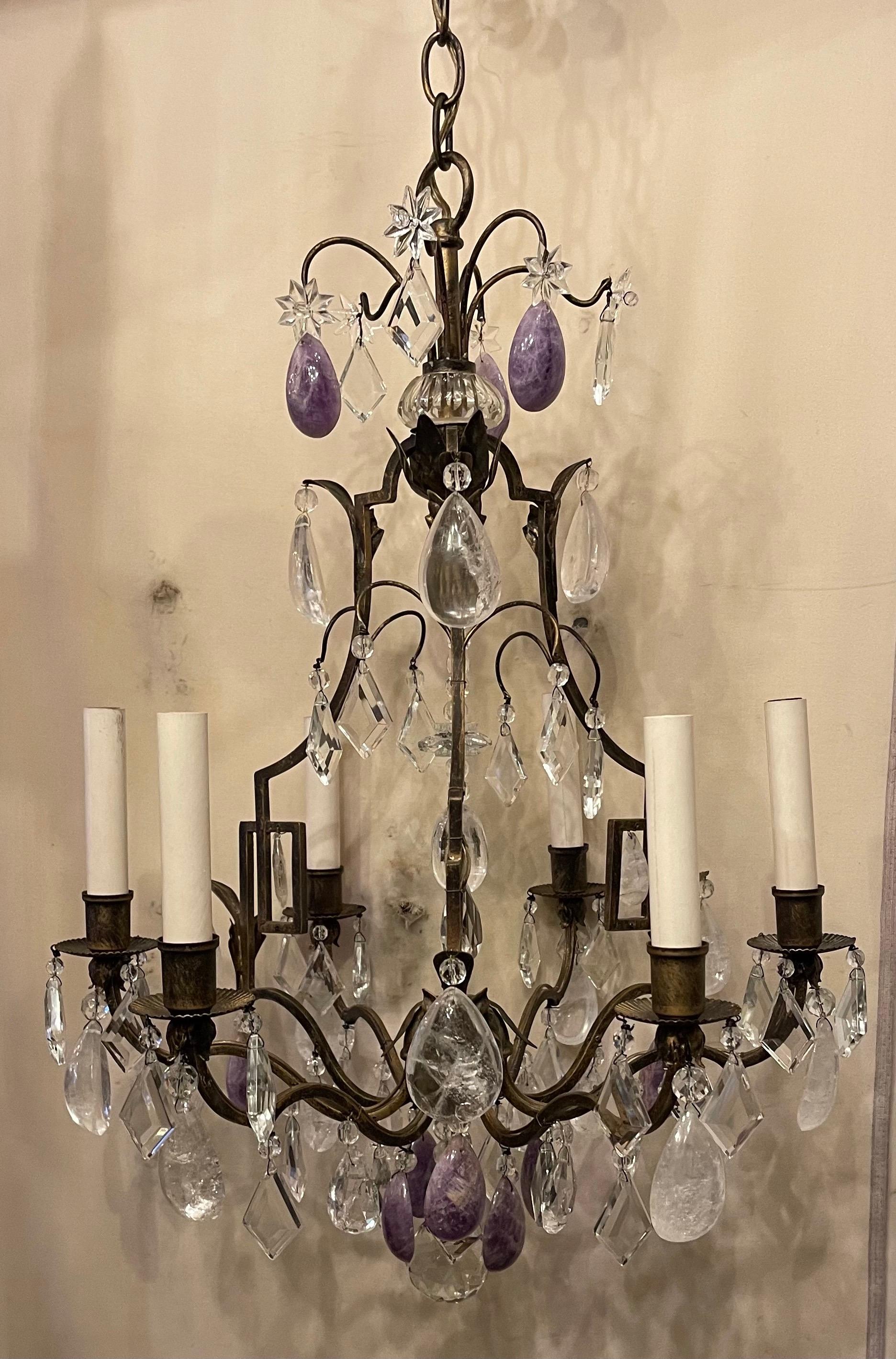 A Wonderful French Maison Bagues Style amethyst and clear rock crystal 6 candelabra light pagoda bird cage form chandelier.