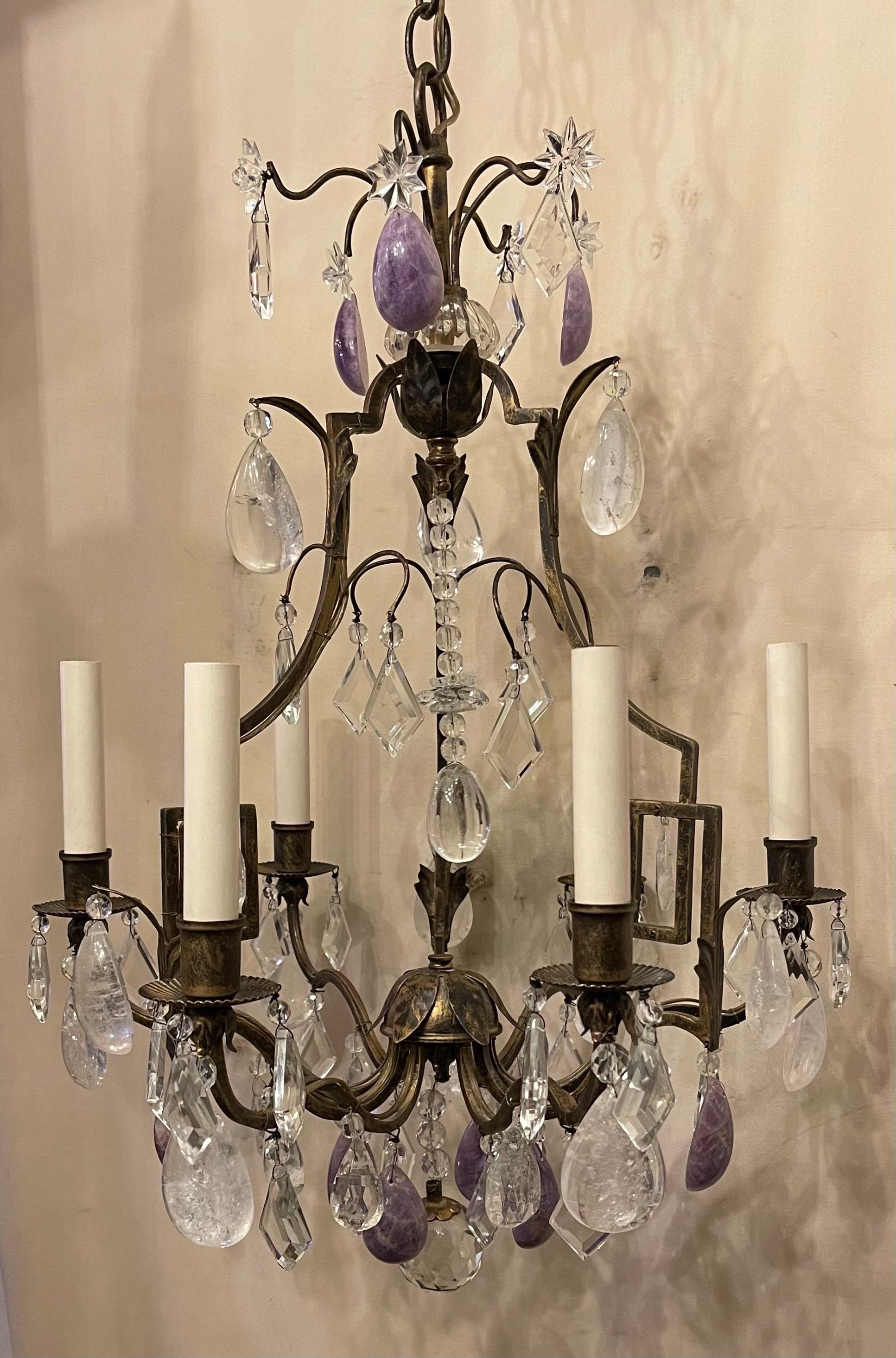 Wonderful French Maison Bagues Amethyst Rock Crystal 6 Light Pagoda Chandelier In Good Condition In Roslyn, NY