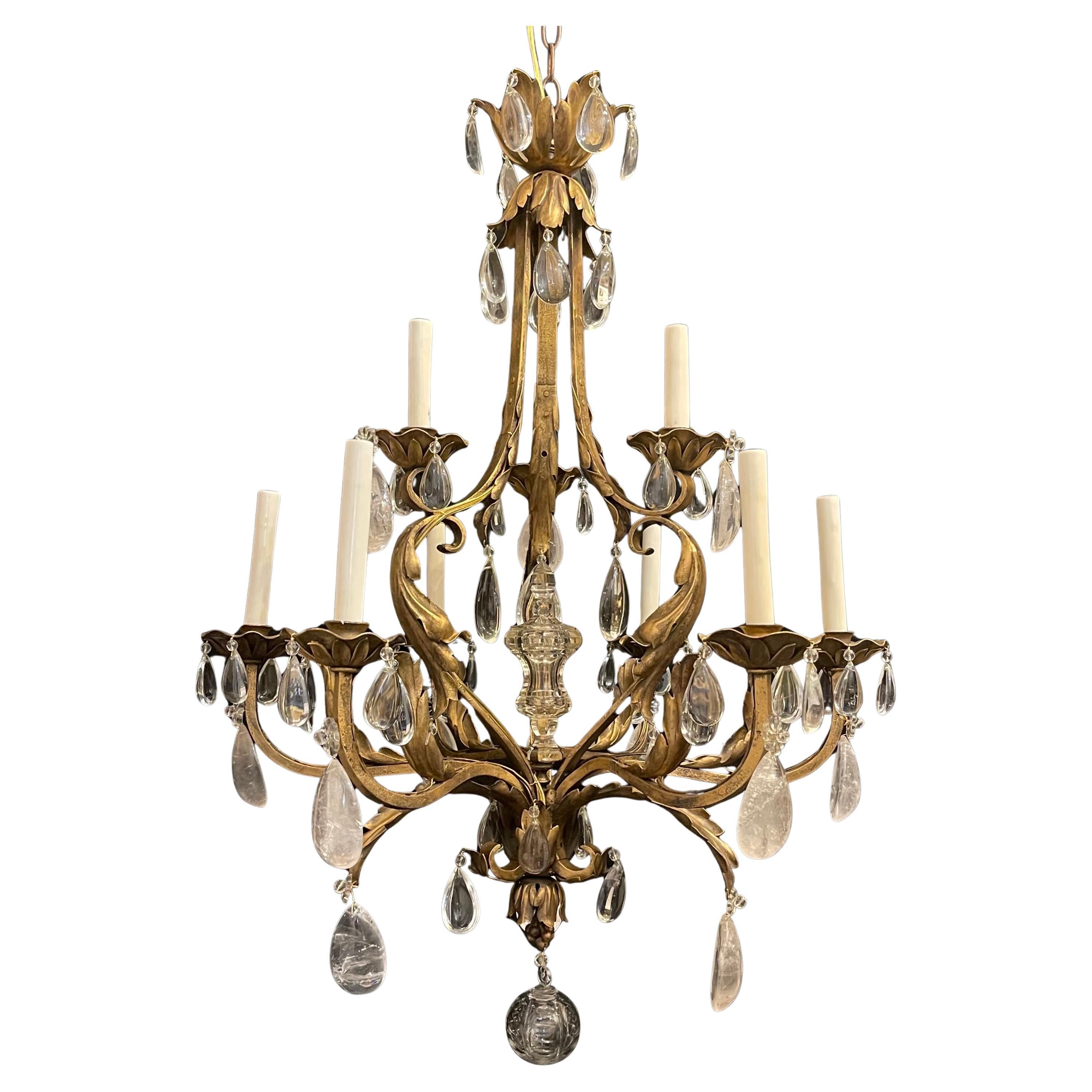 Wonderful French Maison Baguès Gold Gilt Rock Crystal Large Basket Chandelier