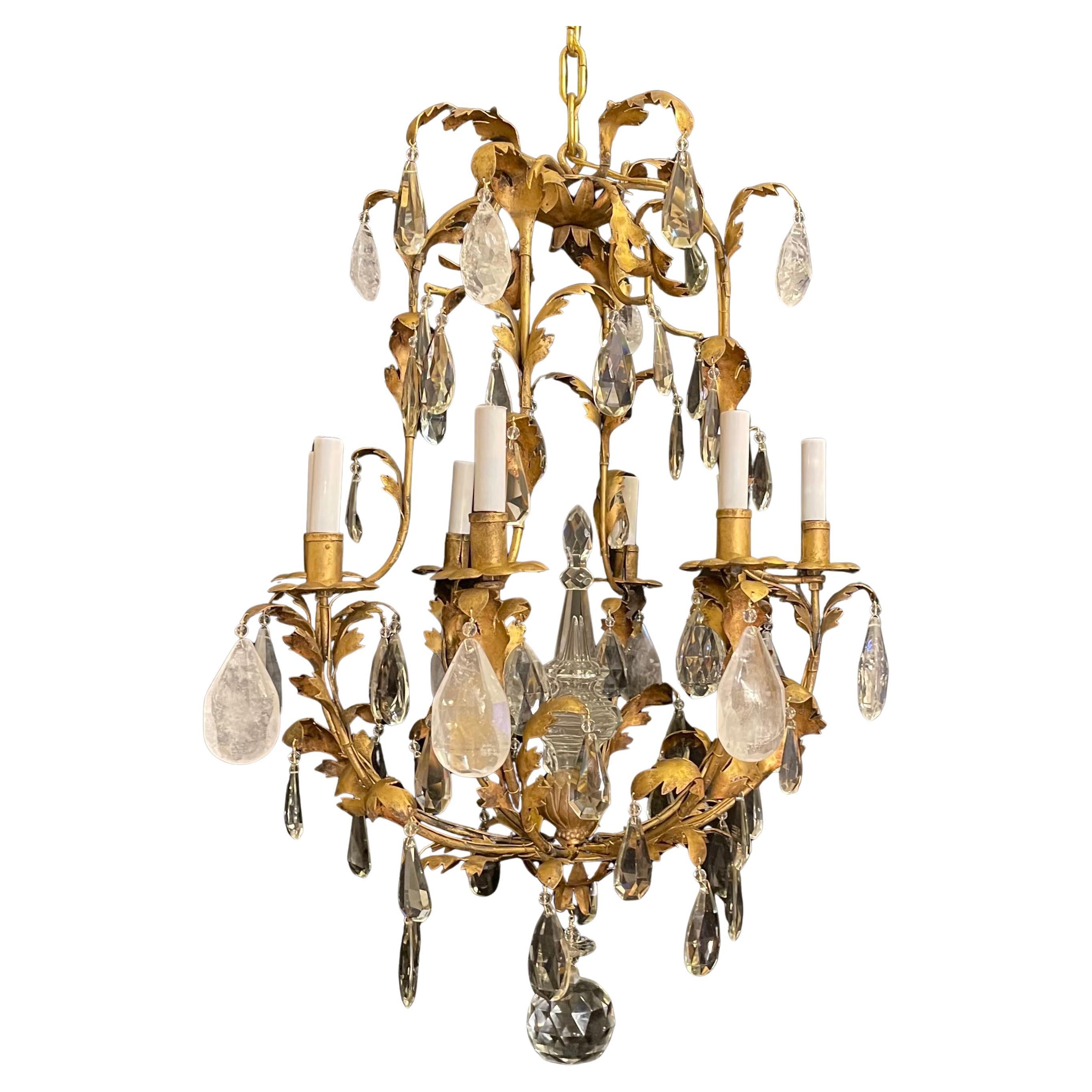 Wonderful French Maison Baguès Gold Gilt Rock Crystal Leaf Basket Chandelier