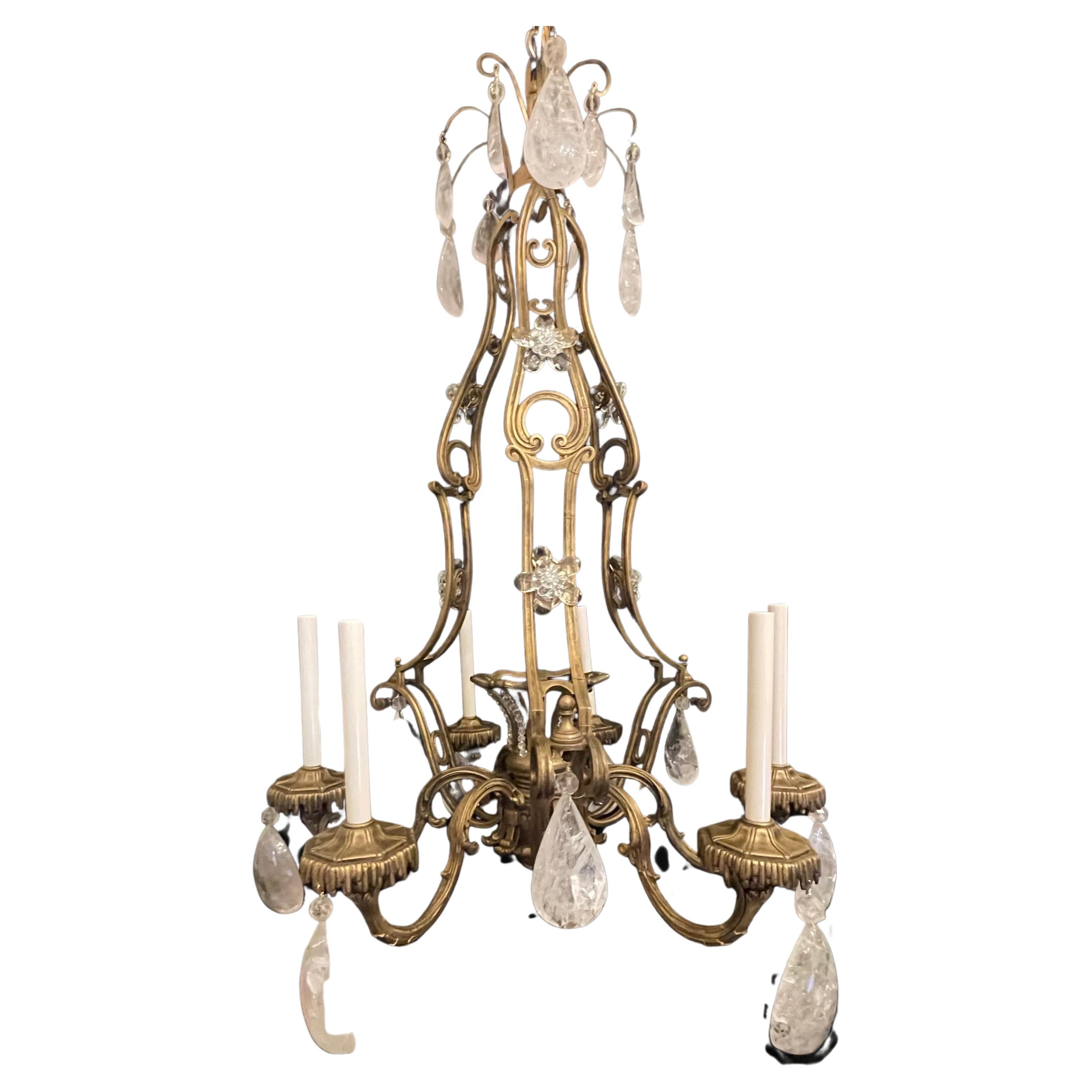 Wonderful French Maison Baguès style large bird cage form bronze chandelier having 6 candelabra lights.