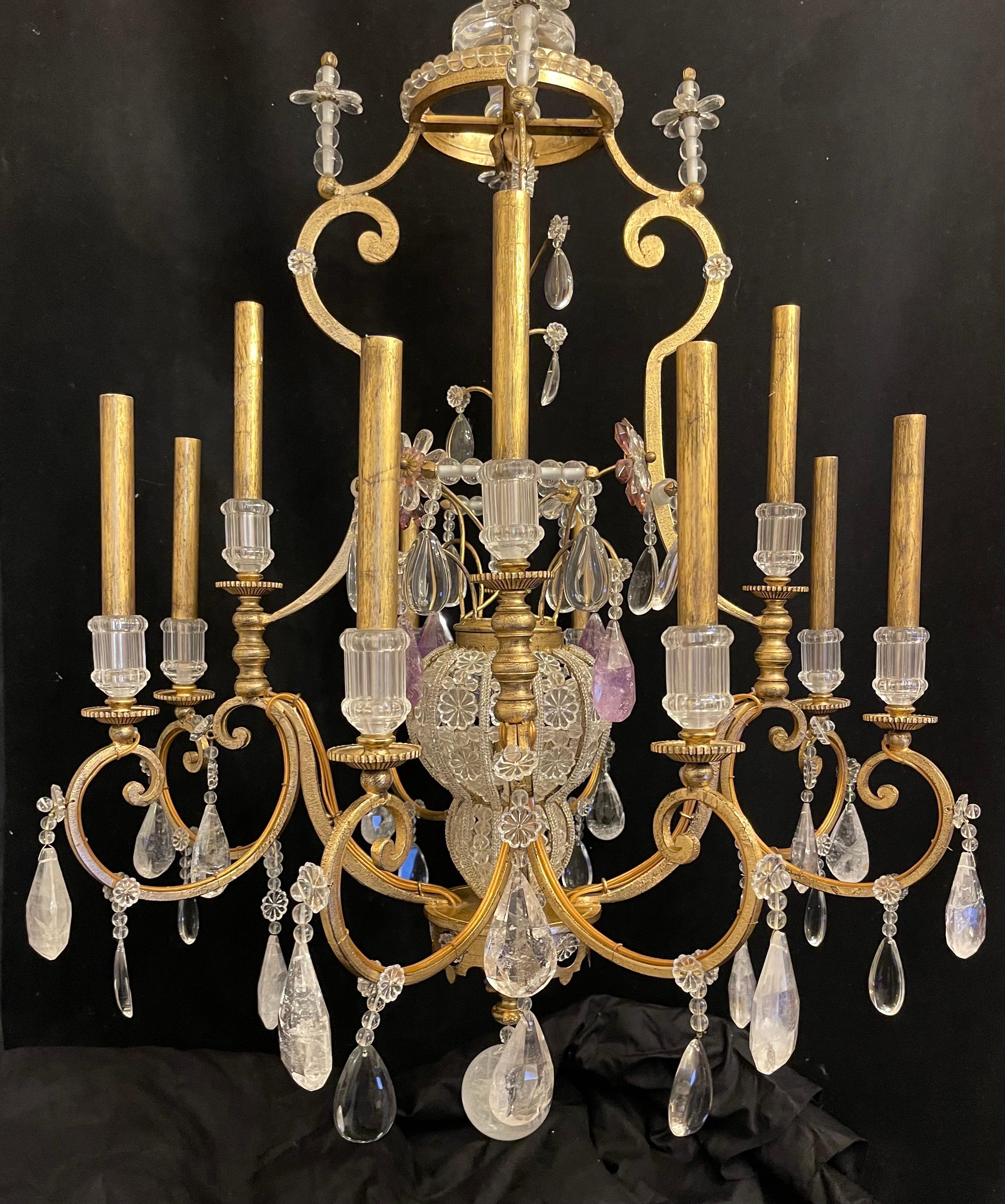 Gilt Wonderful French Maison Baguès Louis XV Rock Crystal Beaded Basket Chandelier For Sale