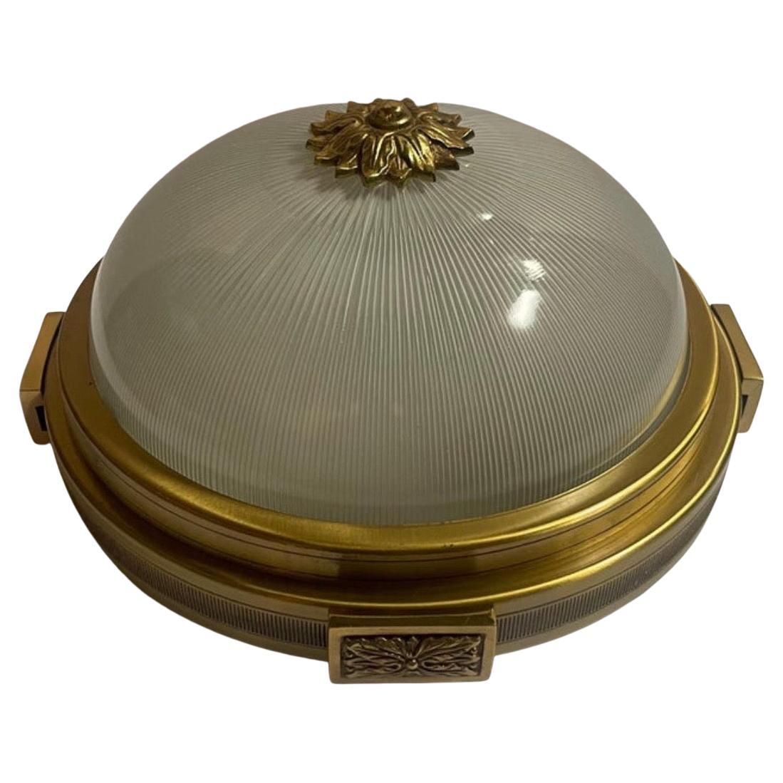 Wonderful French Maison Bagues Vaughan Gilt Bronze Art Glass Flush Mount Fixture In Good Condition For Sale In Roslyn, NY