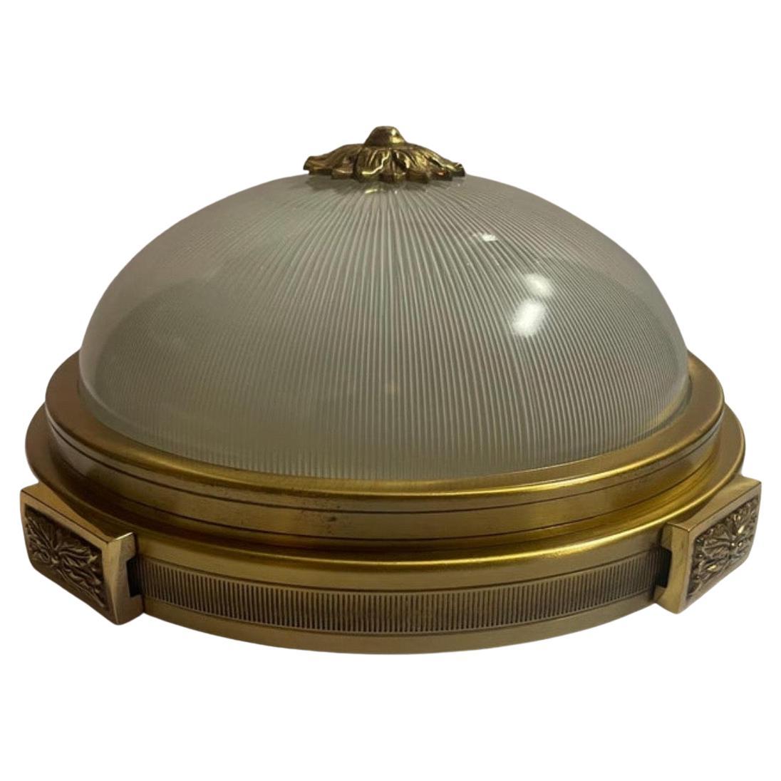 20th Century Wonderful French Maison Bagues Vaughan Gilt Bronze Art Glass Flush Mount Fixture For Sale