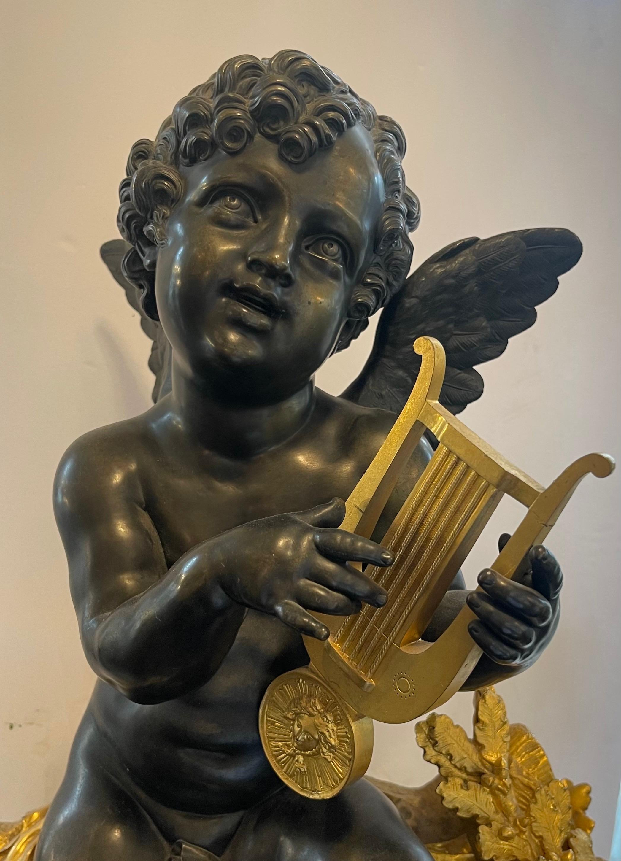 A Wonderful French 19th Century Marble & Ormolu Bronze Mounted Cherub / Putti Holding A Lyre Seated Above A Branch With Foliage Large And Extremely Well Executed Clock By Monbro Aine Paris