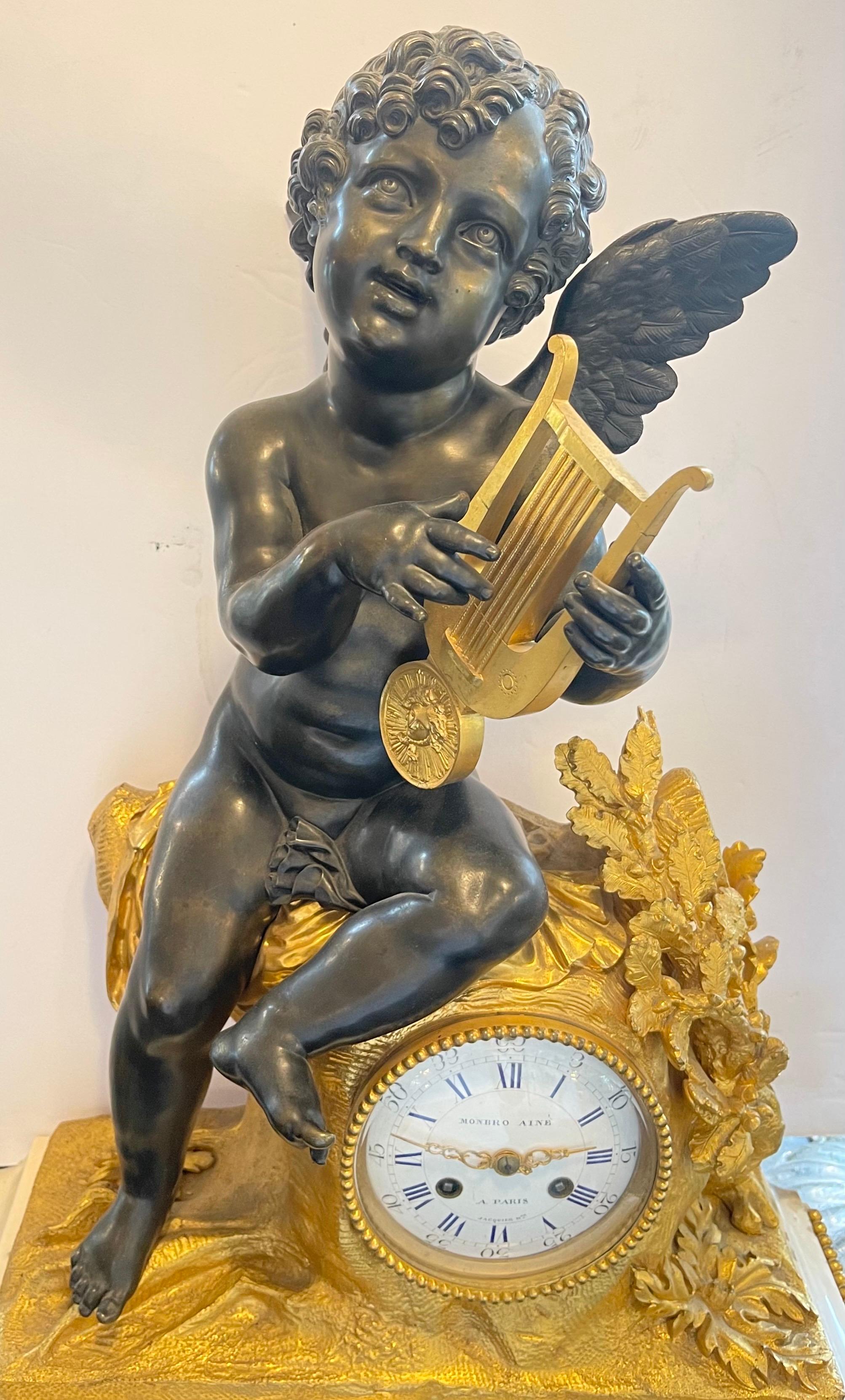 Wonderful French Marble Ormolu Bronze Cherub Putti Large Clock Monbro Aine Paris In Good Condition For Sale In Roslyn, NY