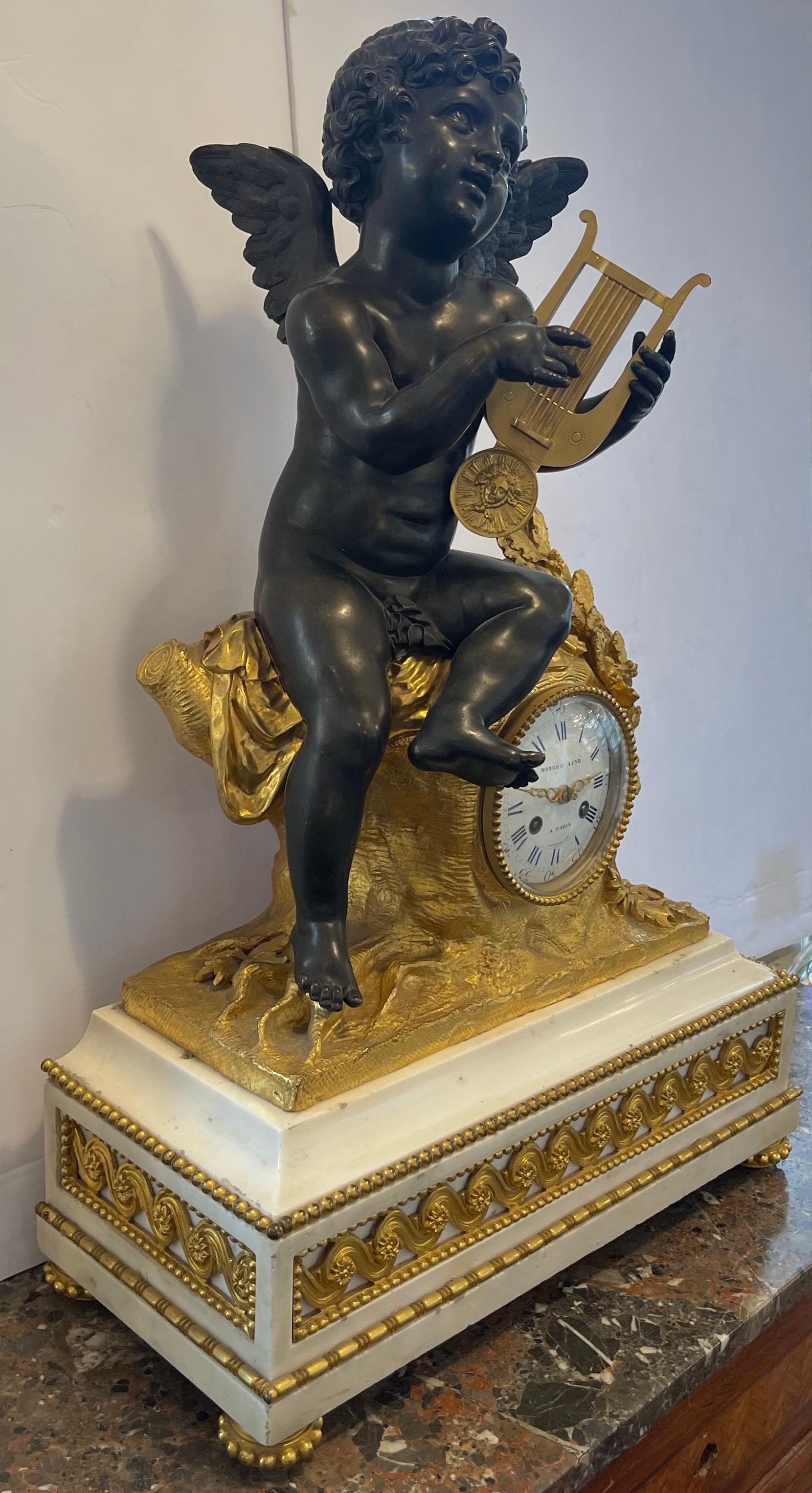 Wonderful French Marble Ormolu Bronze Cherub Putti Large Clock Monbro Aine Paris For Sale 1