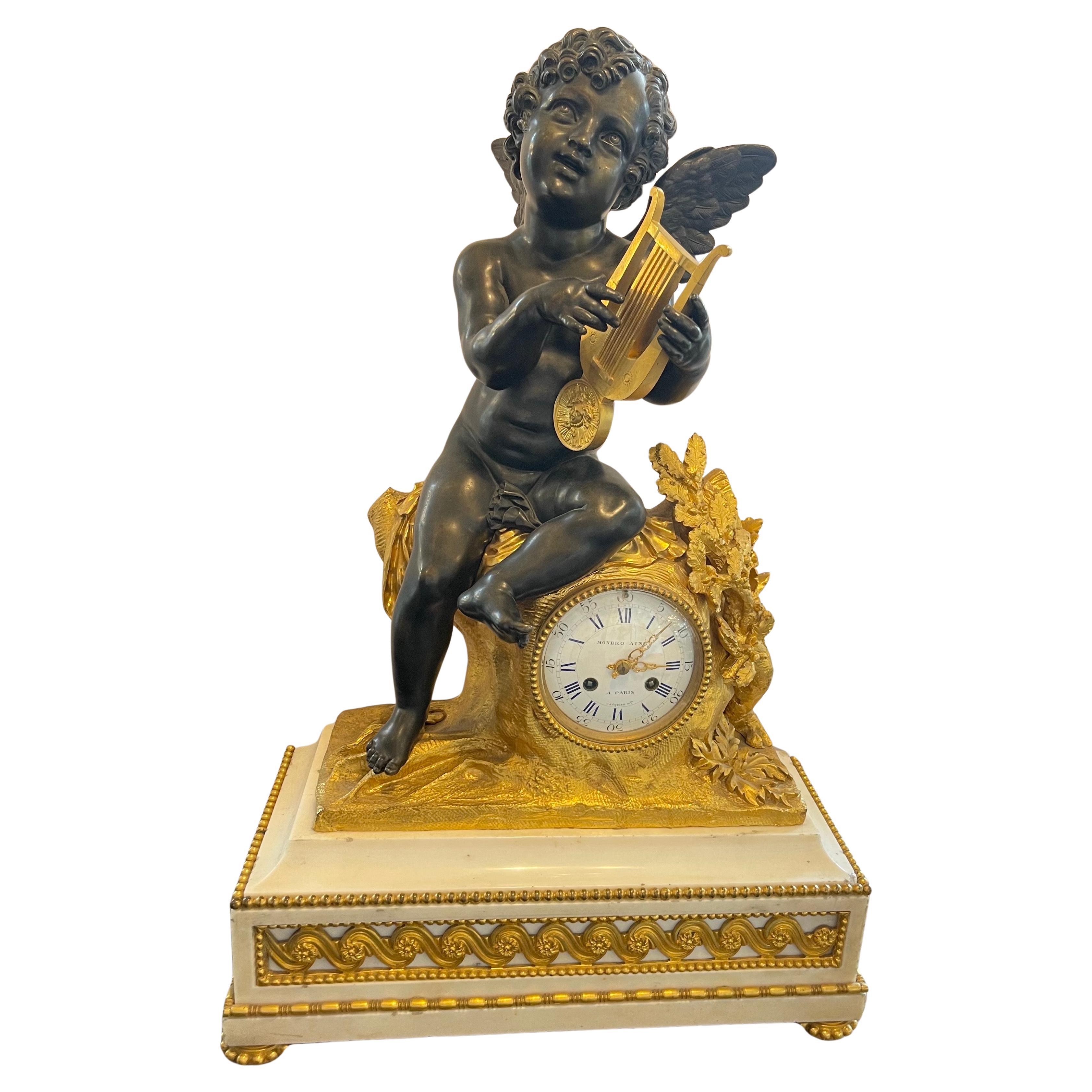 Wonderful French Marble Ormolu Bronze Cherub Putti Large Clock Monbro Aine Paris For Sale