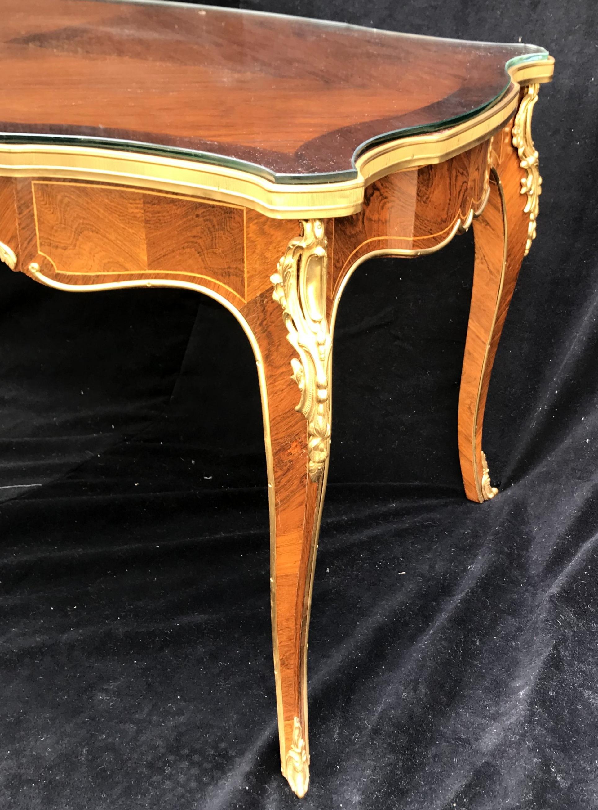 Belle Époque Wonderful French Marquetry Bronze Ormolu Mounted Cocktail Coffee Table Glass Top