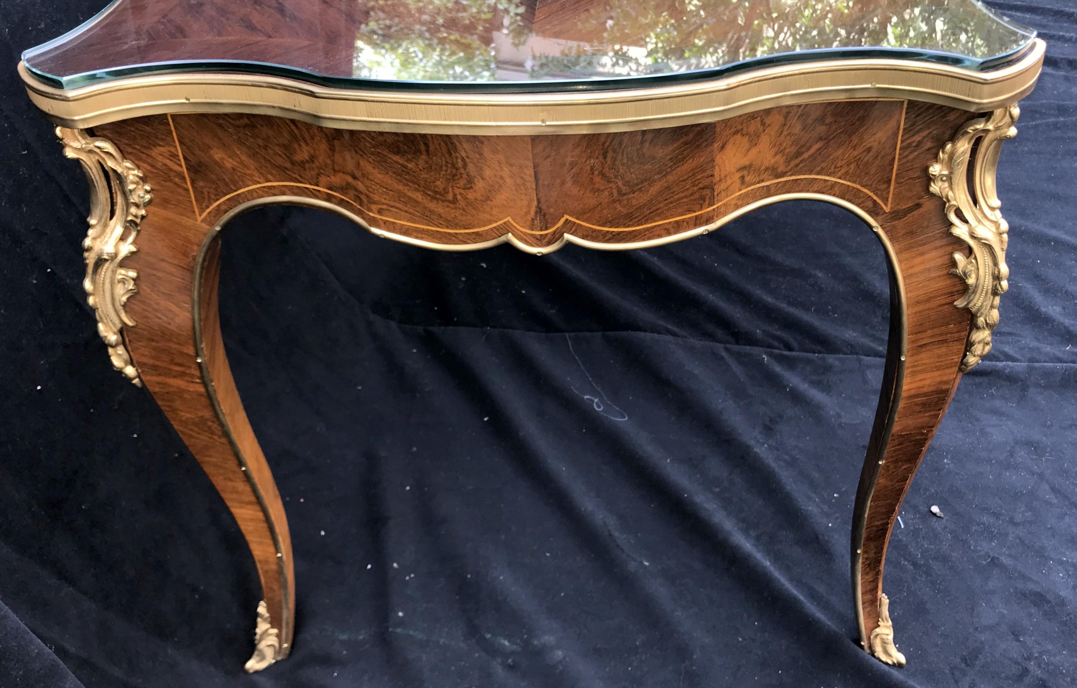 20th Century Wonderful French Marquetry Bronze Ormolu Mounted Cocktail Coffee Table Glass Top