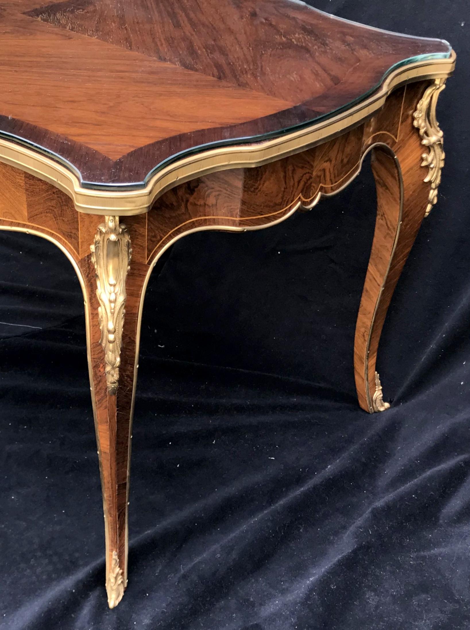 Wonderful French Marquetry Bronze Ormolu Mounted Cocktail Coffee Table Glass Top 1