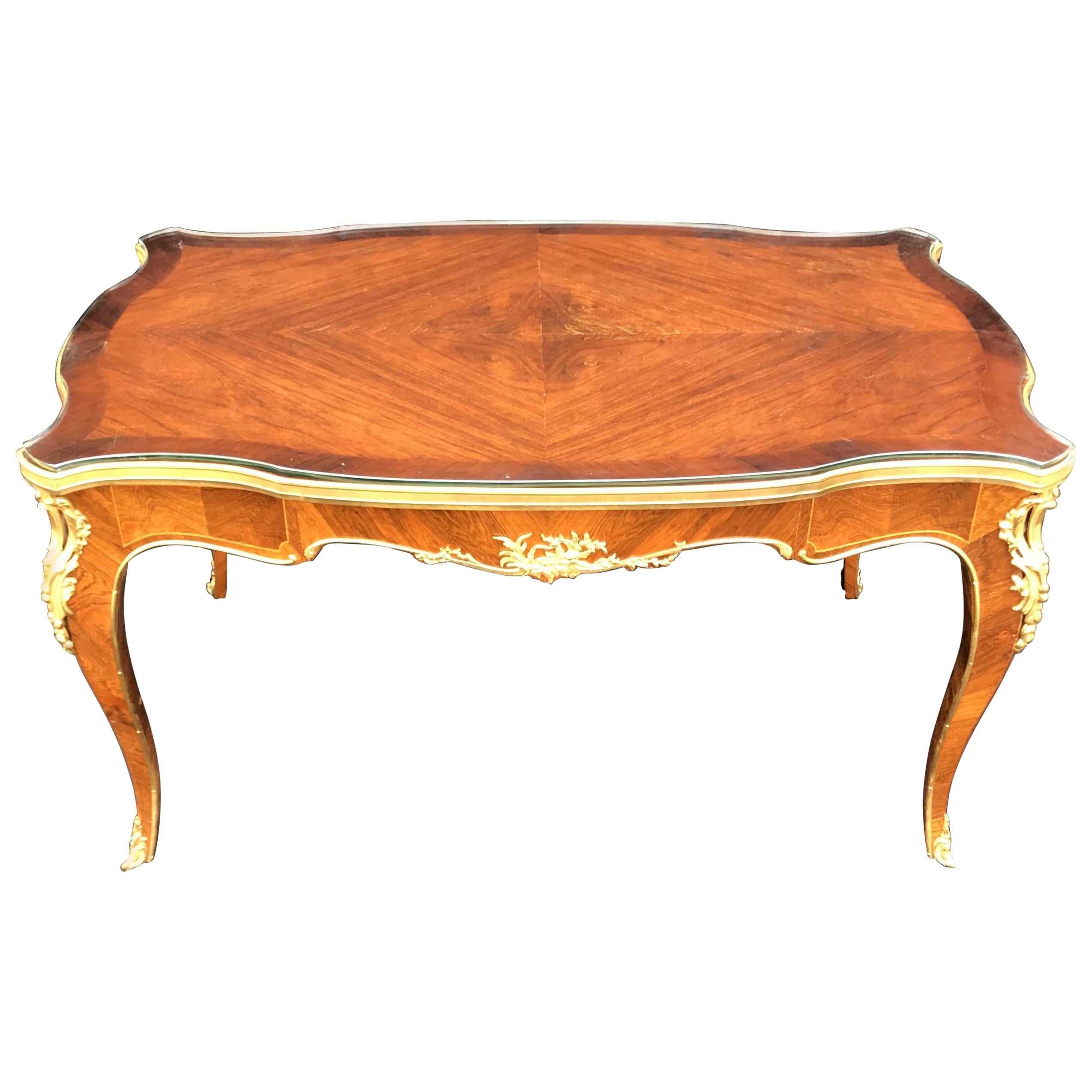 Wonderful French Marquetry Bronze Ormolu Mounted Cocktail Coffee Table Glass Top