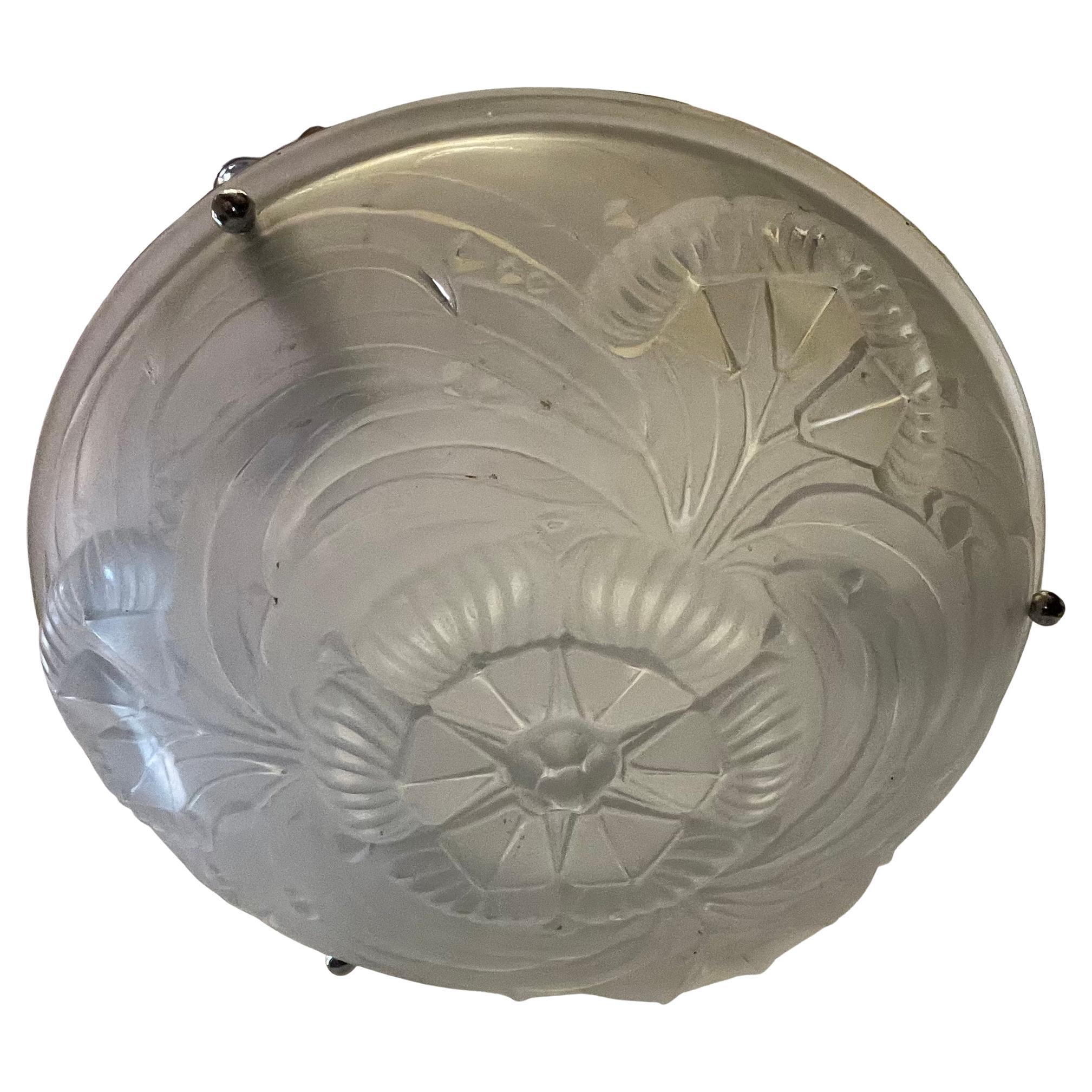 A Wonderful French Mid Century Art Deco Art Glass Bowl With Polished Nickel Fittings In The Manner Of Lalique But Stamped SEVB  - 239.
This Beautiful Light Fixture Has Been Rewired With 3 New Candelabra Sockets
The Height Is Adjustable By Adding Or