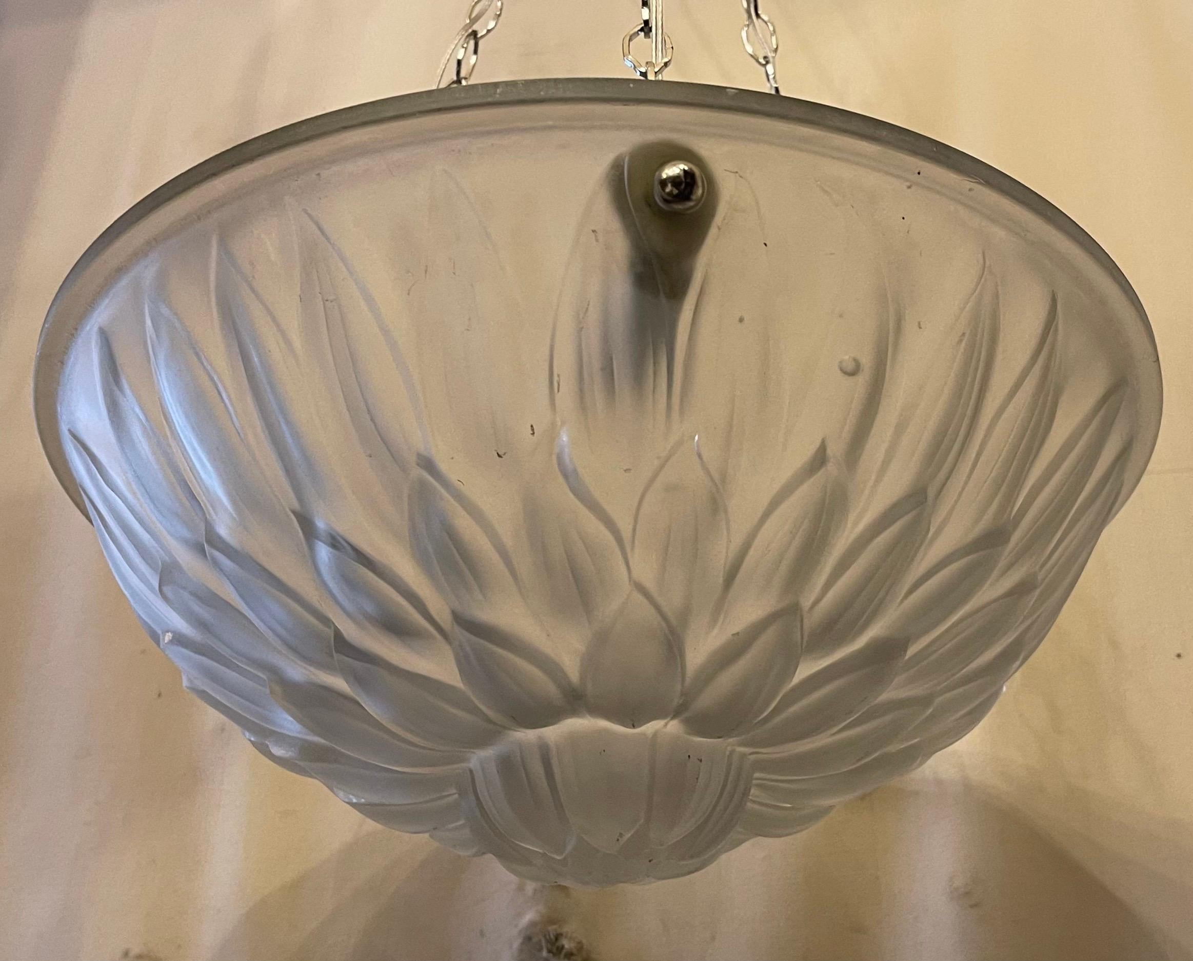 Wonderful French Mid Century Art Deco Glass Bowl Polished Nickel Light Fixture In Good Condition For Sale In Roslyn, NY