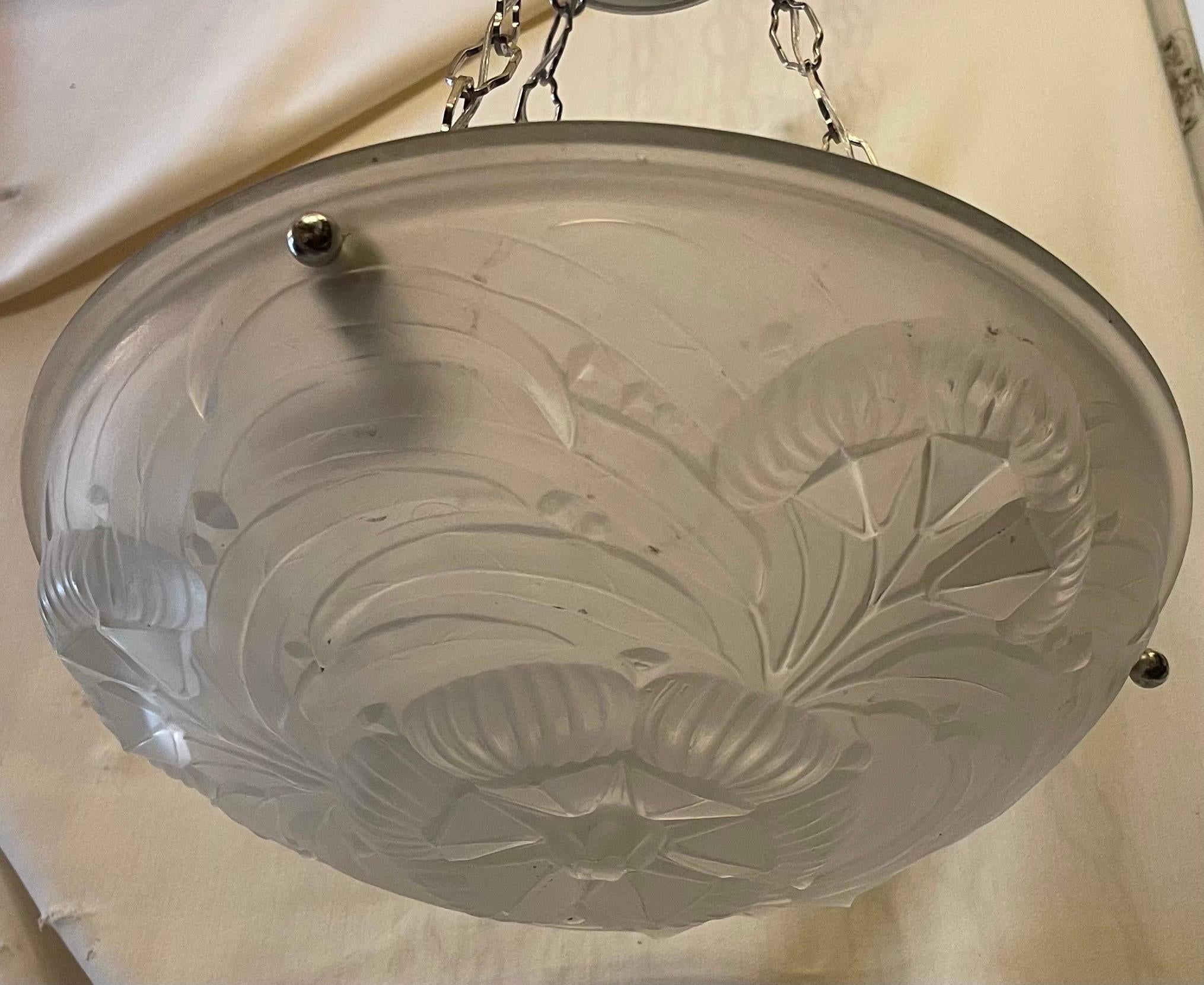 Wonderful French Mid Century Art Deco Glass Bowl Polished Nickel Light Fixture In Good Condition For Sale In Roslyn, NY