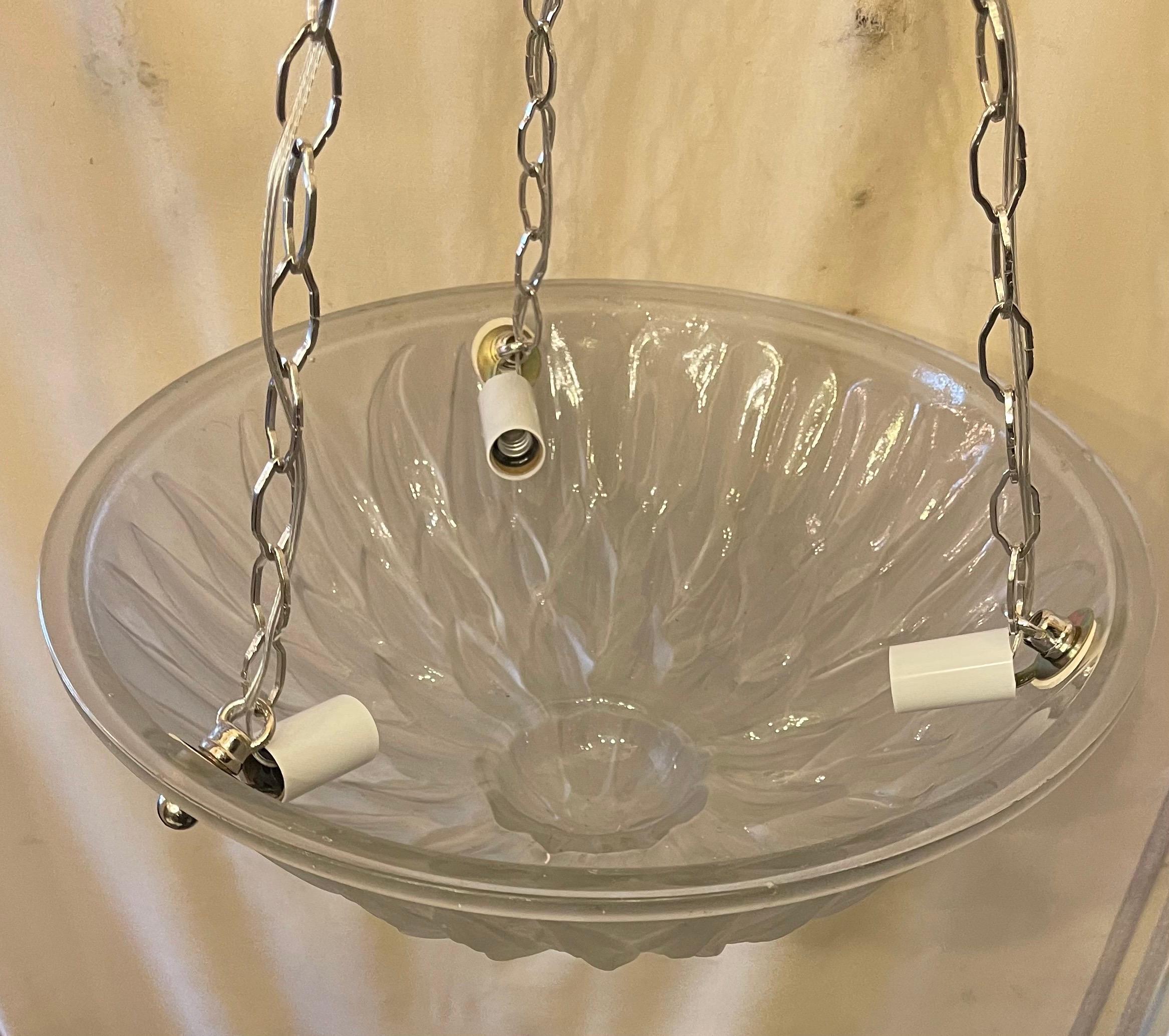 20th Century Wonderful French Mid Century Art Deco Glass Bowl Polished Nickel Light Fixture For Sale