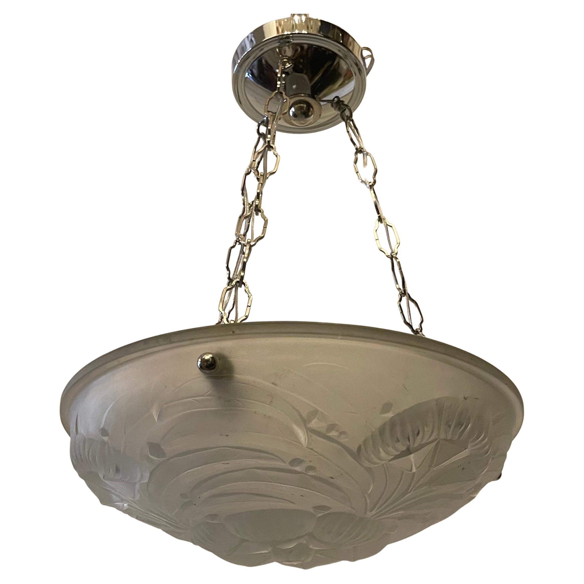 Wonderful French Mid Century Art Deco Glass Bowl Polished Nickel Light Fixture For Sale