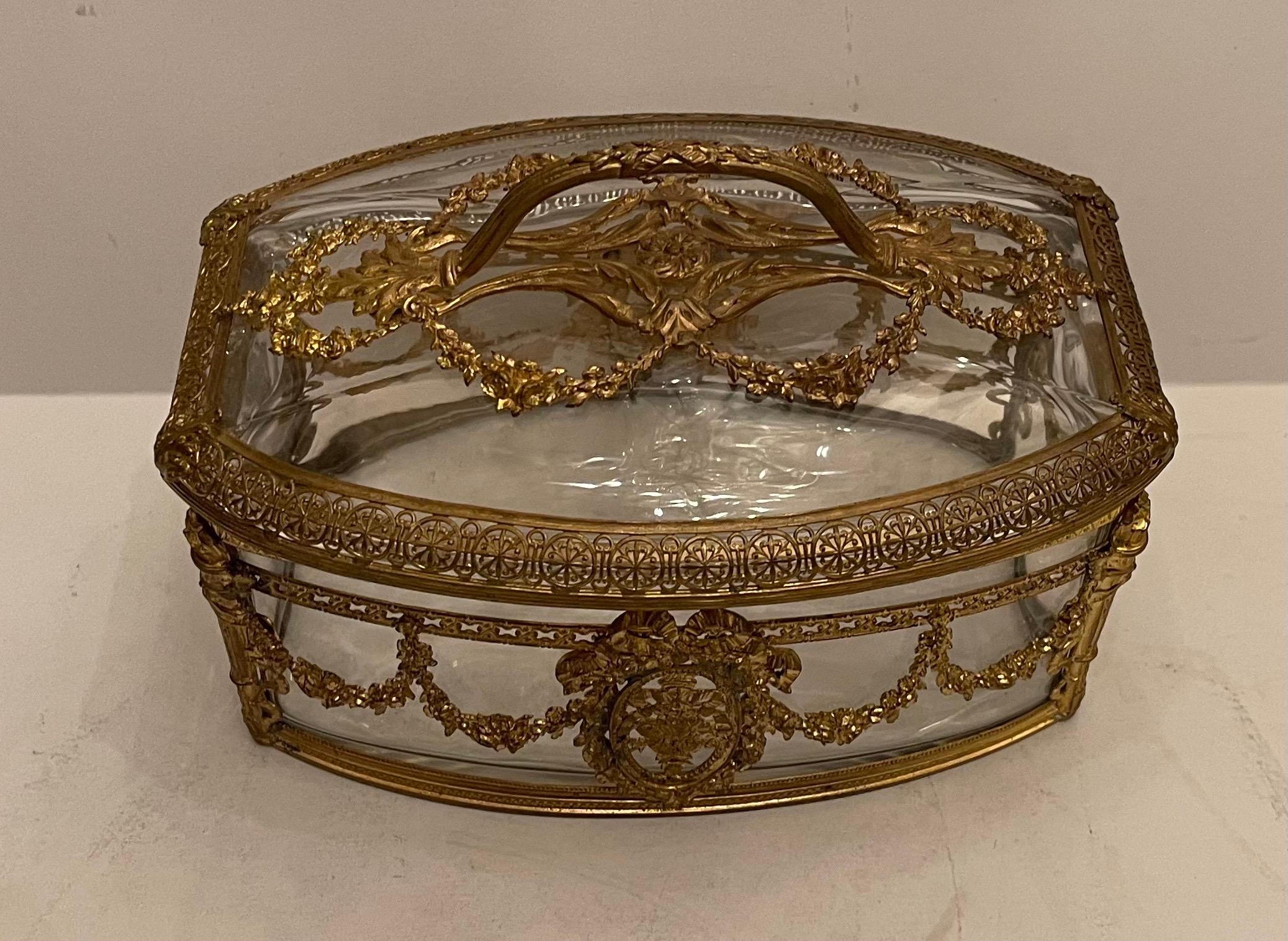 Wonderful large French Napoleon III style ormolu bronze mounted & crystal / glass casket jewelry box with open work handle.
