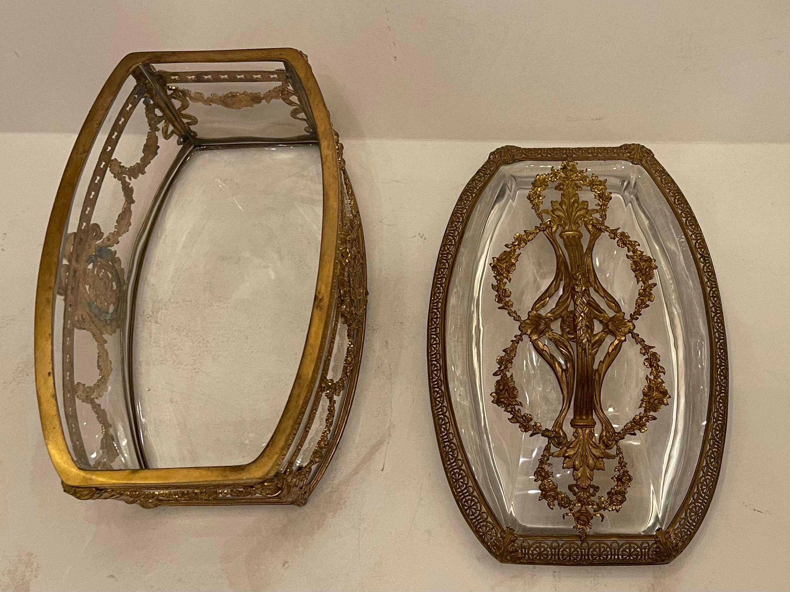 Regency Wonderful French Napoleon III Ormolu Bronze Crystal Glass Casket Jewelry Box For Sale