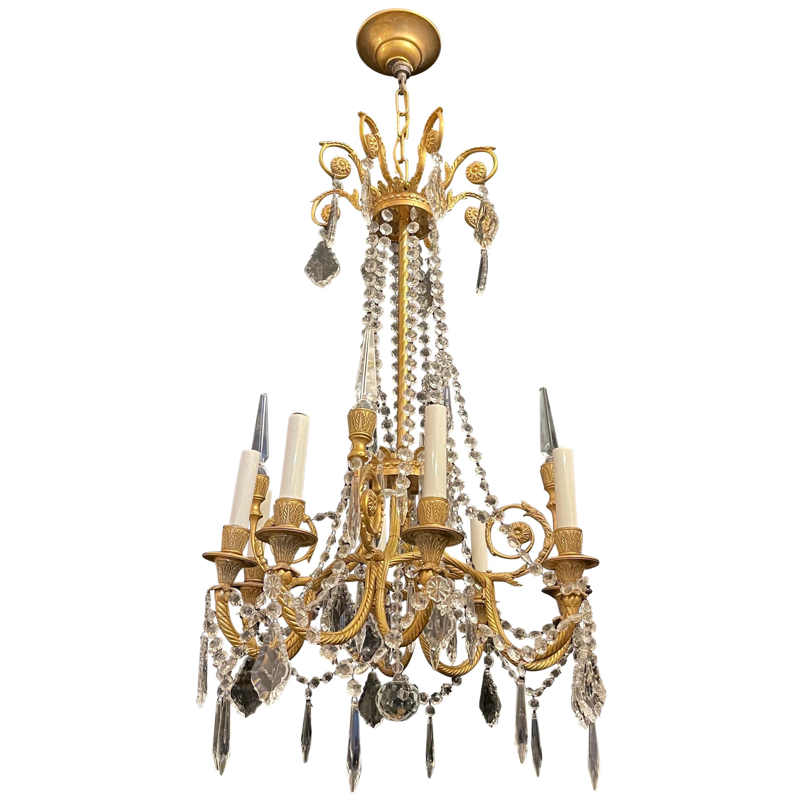 Wonderful French Neoclassical Dore Bronze and Crystal 8-Light Chandelier