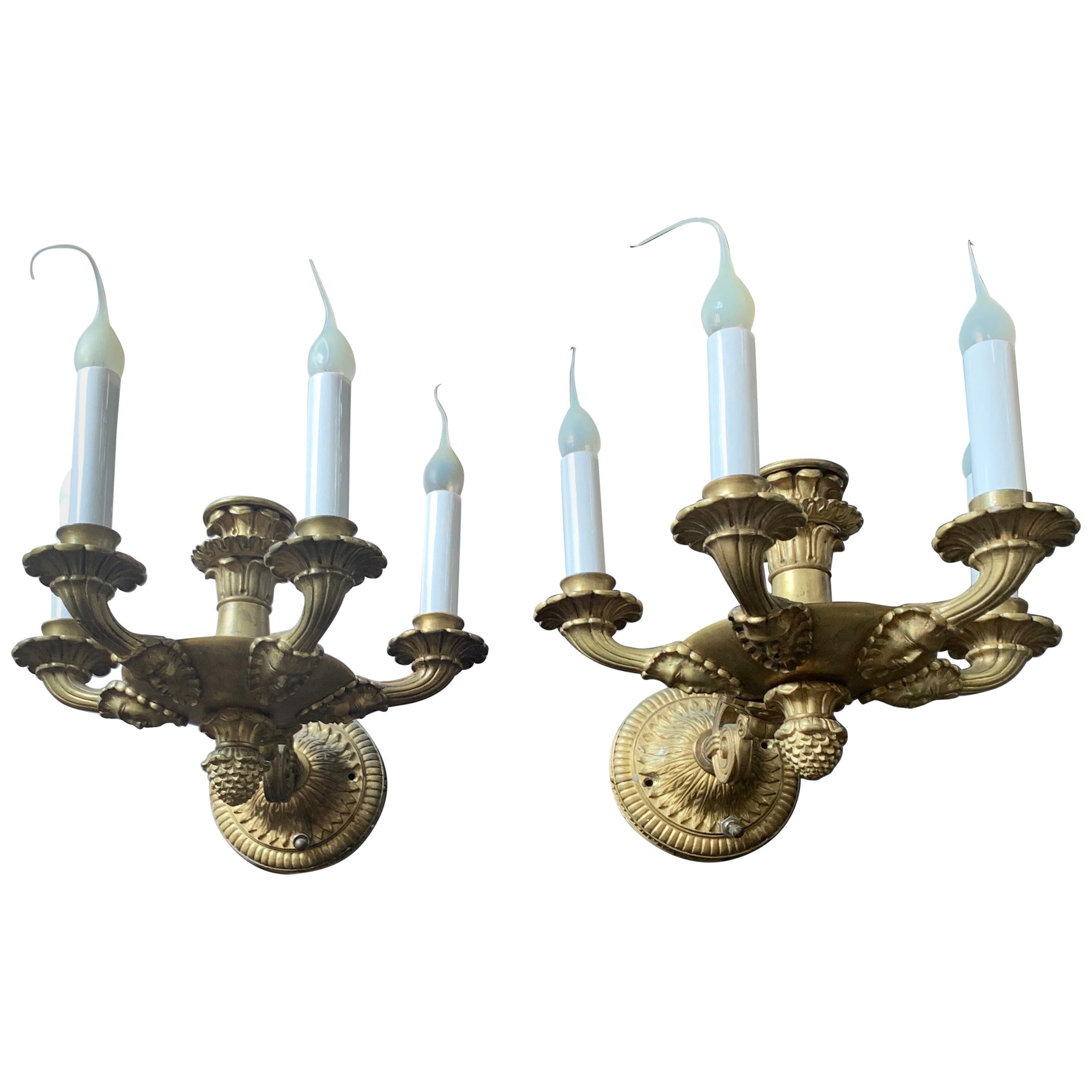 Wonderful Pair French Neoclassical Empire Bronze Figural 5-Arm Regency Sconces For Sale
