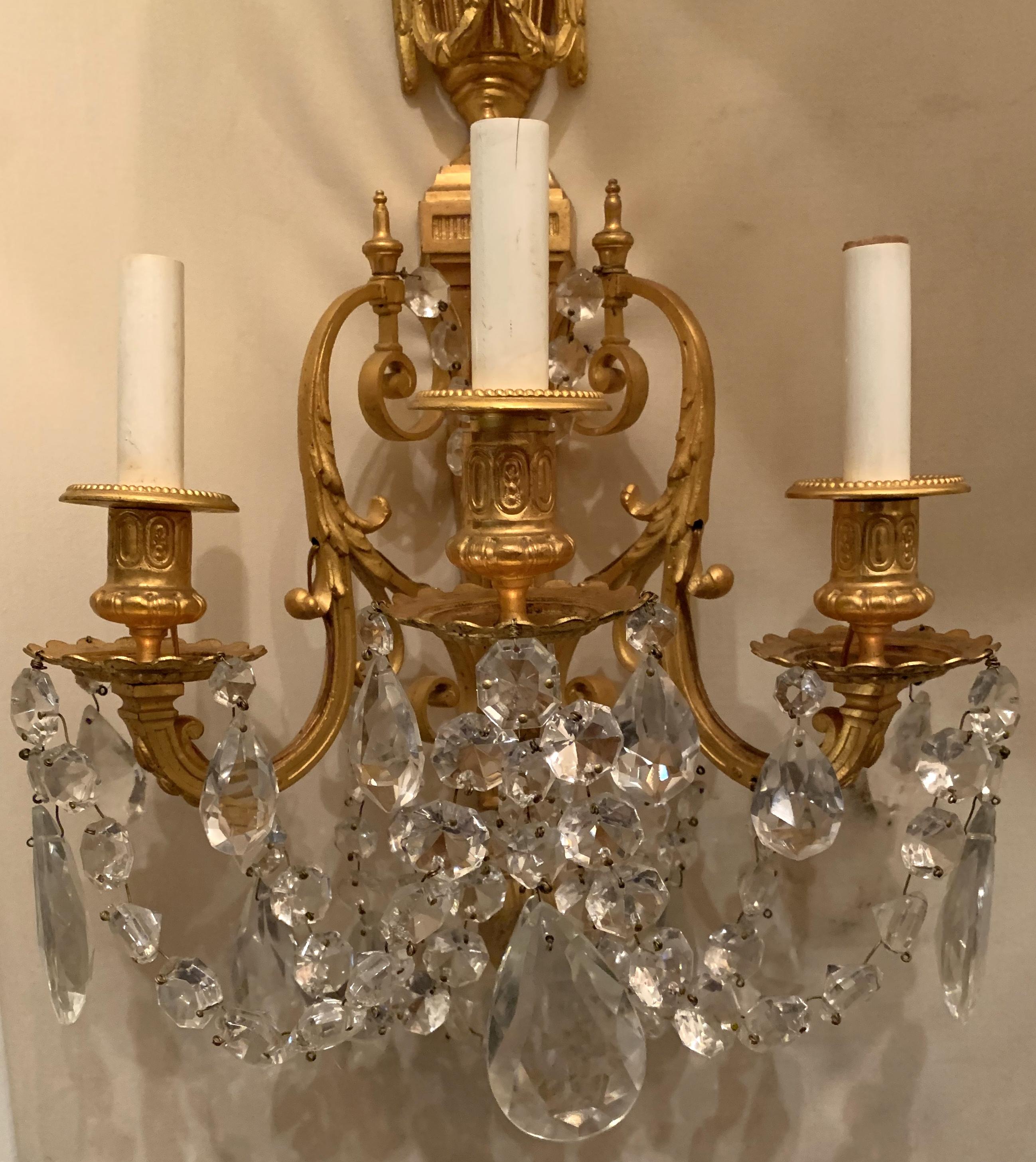 Wonderful French Neoclassical Pair of Doré Bronze Crystal Swag Urn Flame Sconces In Good Condition In Roslyn, NY