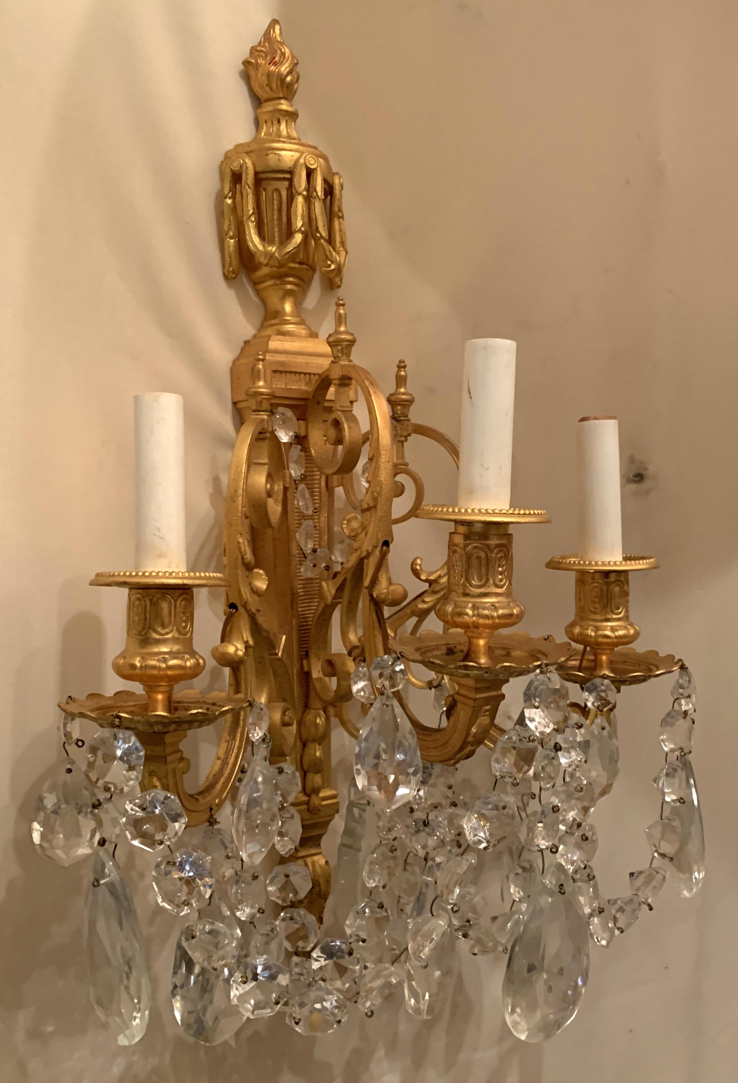 Wonderful French Neoclassical Pair of Doré Bronze Crystal Swag Urn Flame Sconces 1