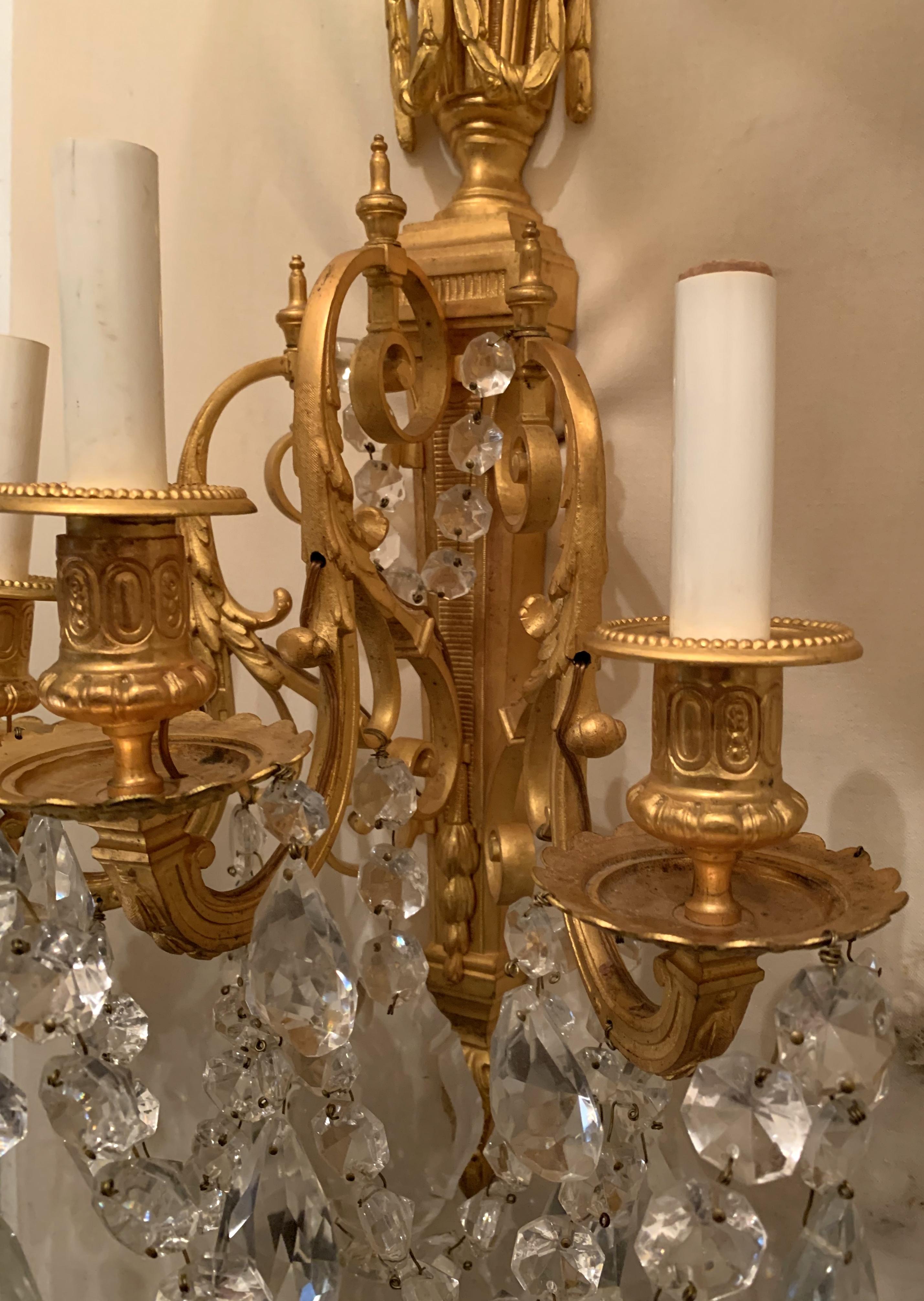 Wonderful French Neoclassical Pair of Doré Bronze Crystal Swag Urn Flame Sconces 2
