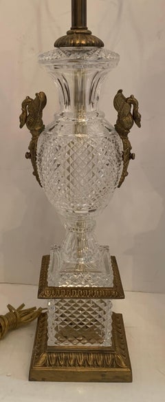 Wonderful French Neoclassical Swan Bronze Ormolu Mounted Cut Crystal Pair Lamps