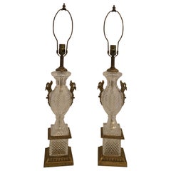 Wonderful French Neoclassical Swan Bronze Ormolu Mounted Cut Crystal Pair Lamps