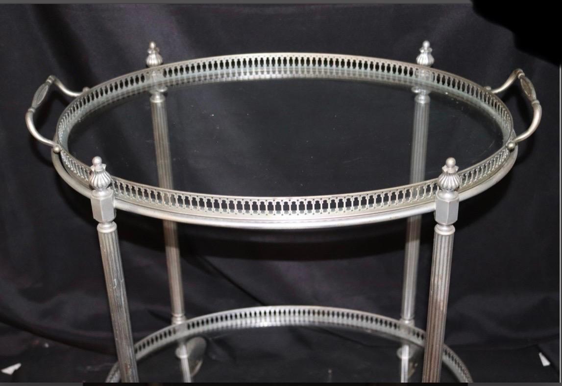 Wonderful French Nickel Plated Two-Tier Glass Top Bar Cart Gallery Tray Table In Good Condition In Roslyn, NY