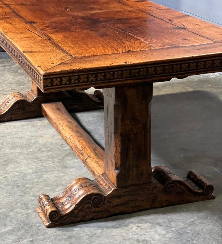 Farmhouse Tables don’t come much better then this one, having a superb warm rich medium oak colour and patina which is original. 
The extremely heavy one piece thick 7.5cm solid Oak Top which has a carved diamond pattern running around the edge.