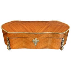 Wonderful French Ormolu Bronze Book Matched Fruitwood Marquetry Casket Box Key