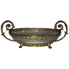 Maravilloso Centro de Mesa Ovalado Francés Ormolu Bronce Cristal Tallado Pies de León Tiradores