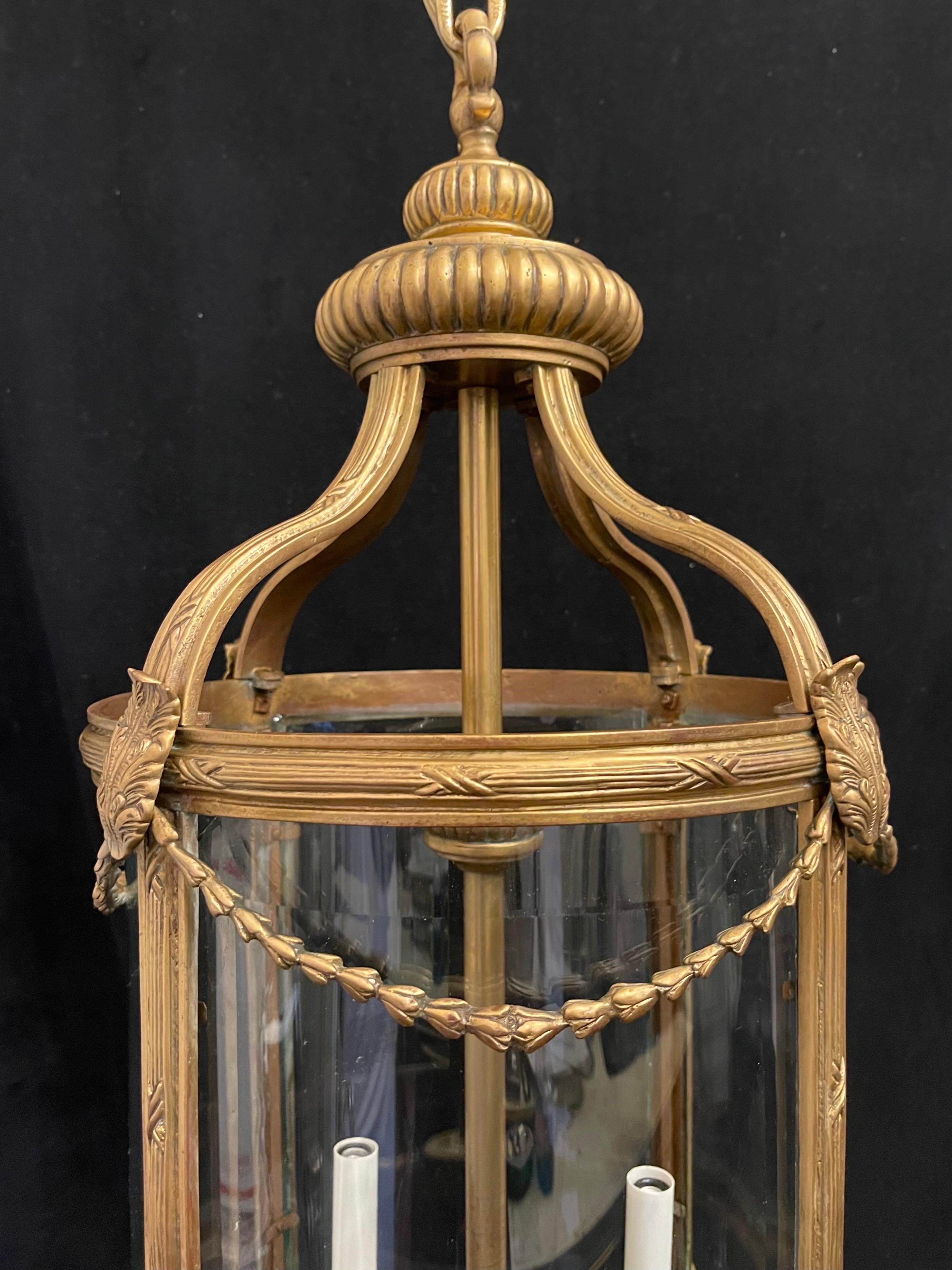 Beveled Wonderful French Ormolu Bronze Filigree Swag Three Light Large Regency Lantern For Sale