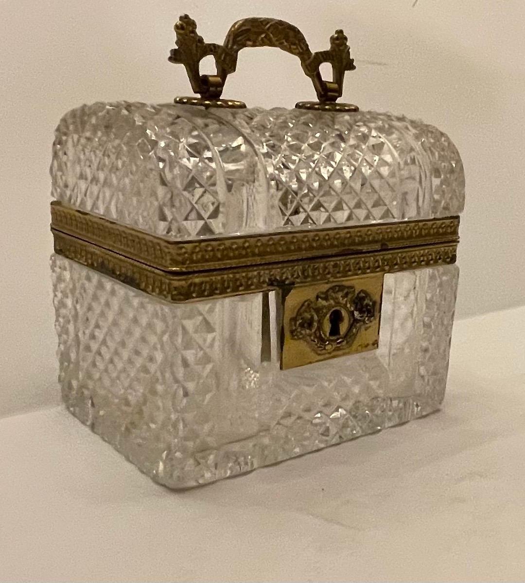 A Wonderful French bronze ormolu mounted and faceted cut crystal baccarat casket / jewelry box with domed top with handle.