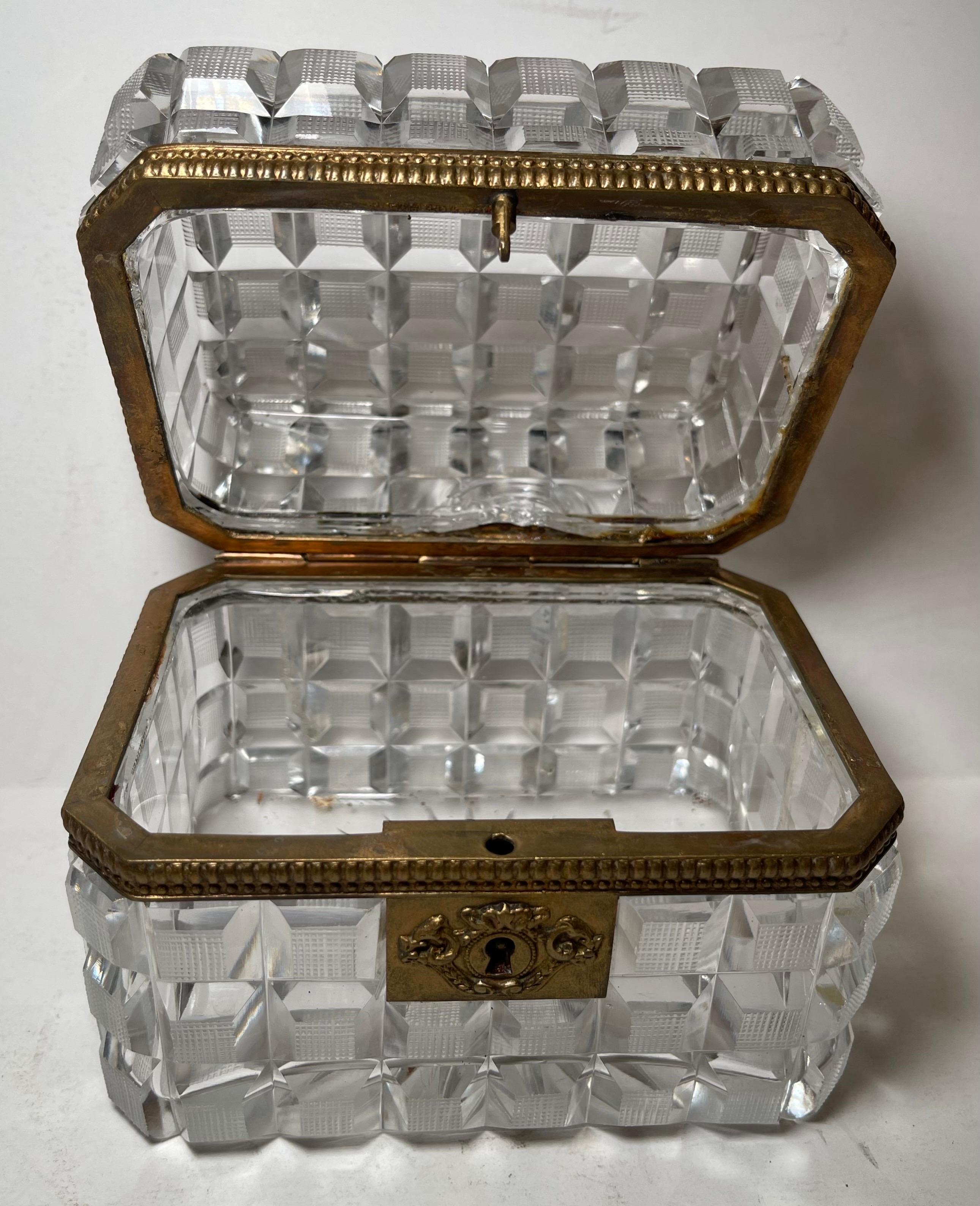 Wonderful French Ormolu Mounted Cut Crystal Bronze Baccarat Casket Jewelry Box In Fair Condition For Sale In Roslyn, NY