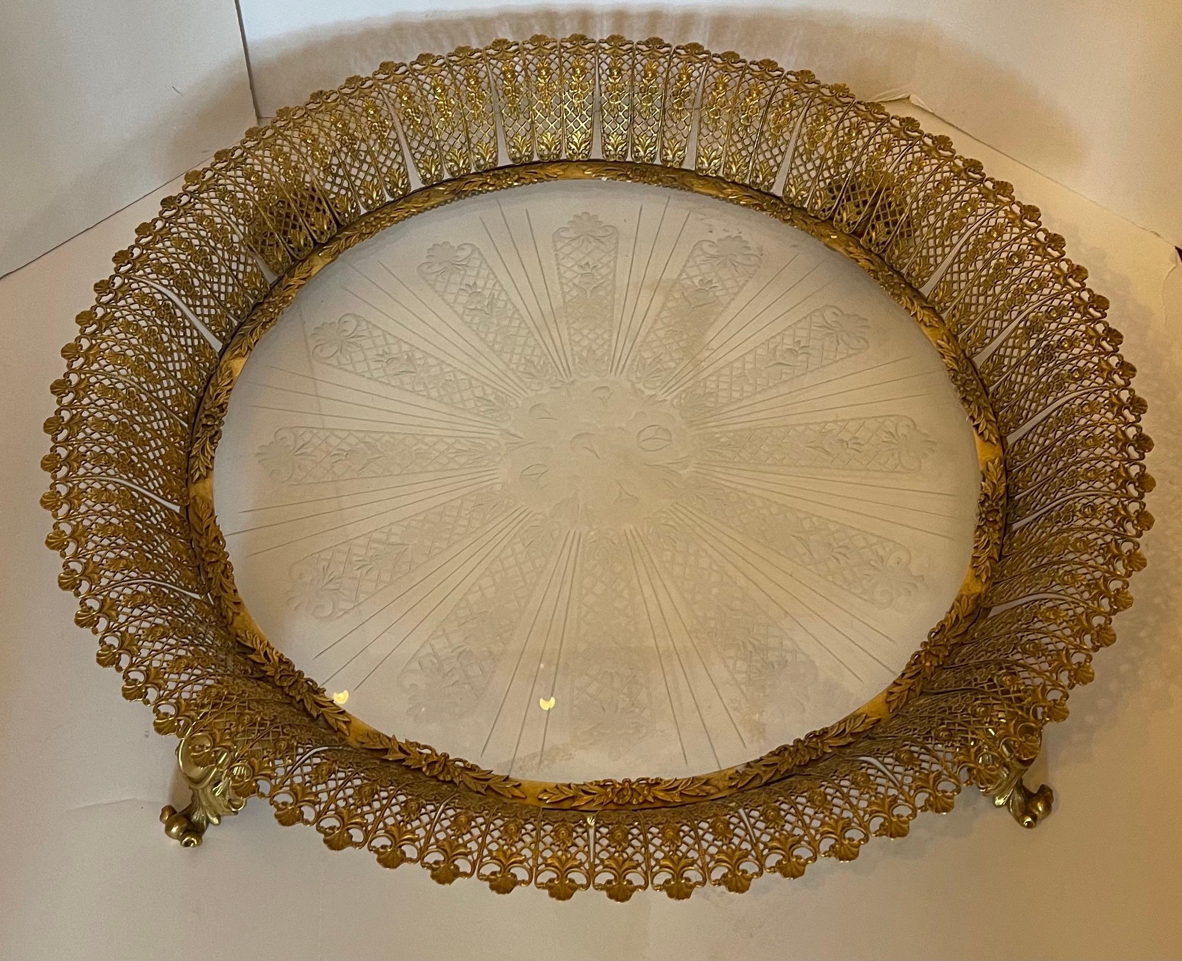 Wonderful French Ormolu Pierced Bronze Etched Crystal Large Plateau Centerpiece In Good Condition In Roslyn, NY