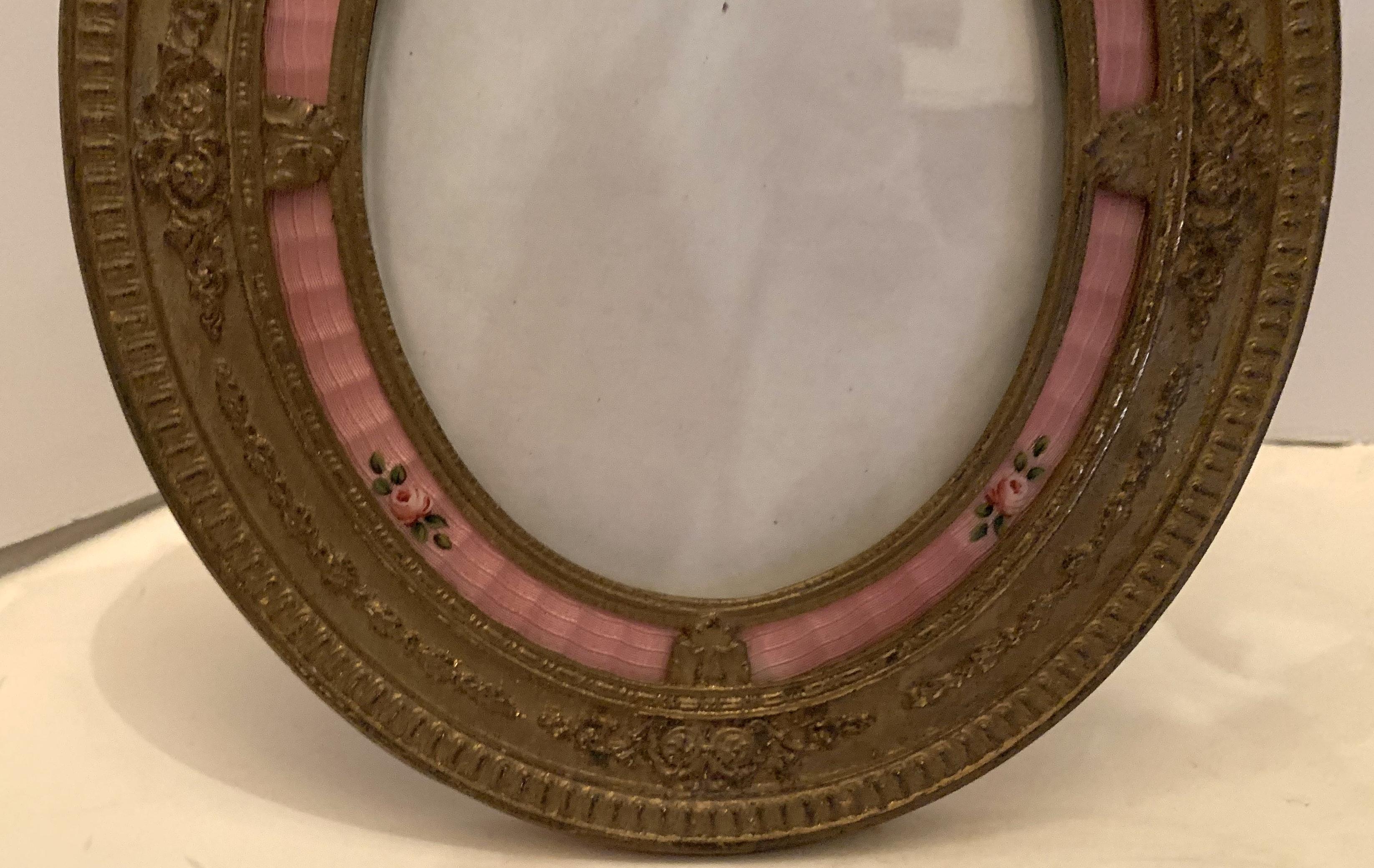 Belle Époque Wonderful French Oval Bronze Salmon Pink Enamel Flower Bow Top Picture Frame