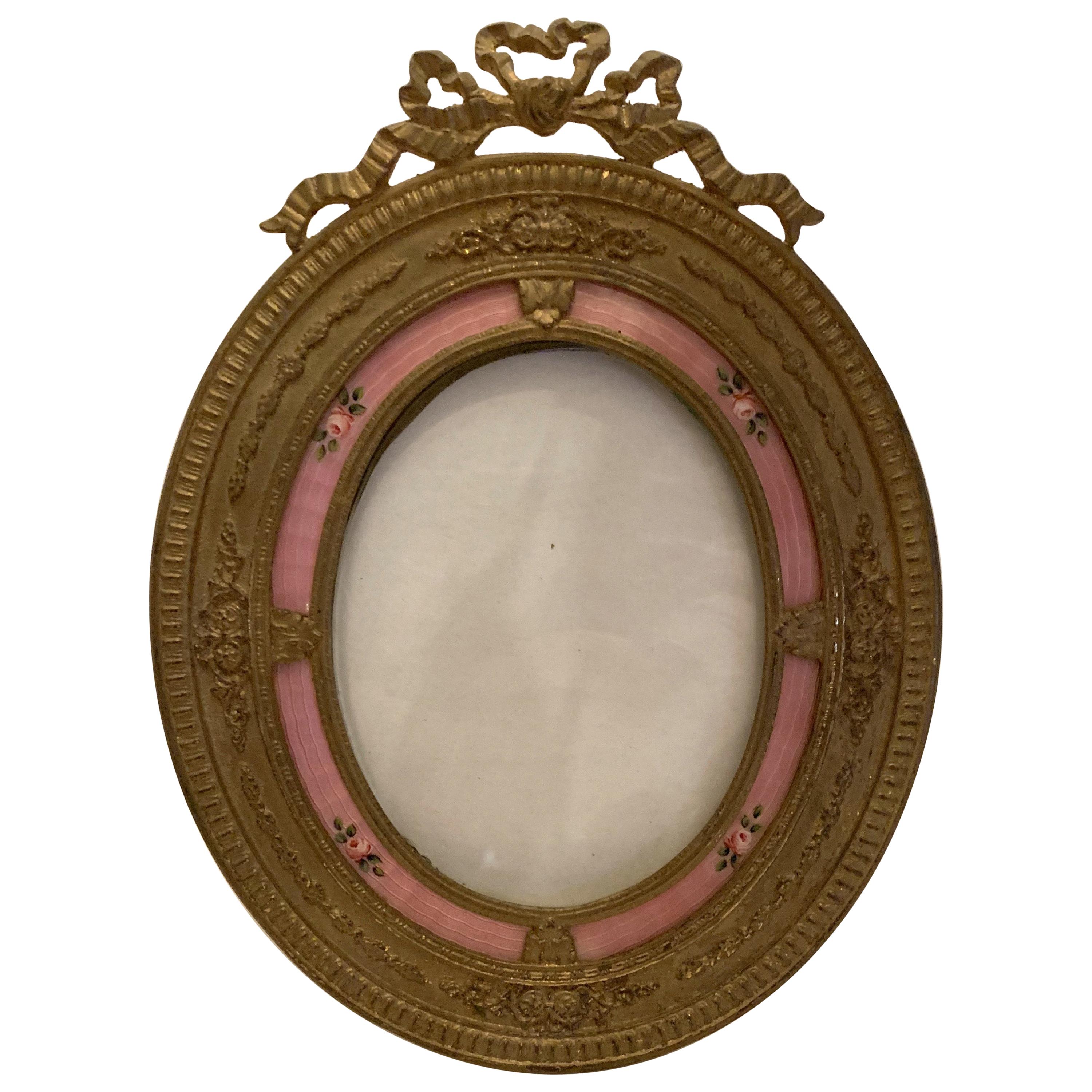 Wonderful French Oval Bronze Salmon Pink Enamel Flower Bow Top Picture Frame