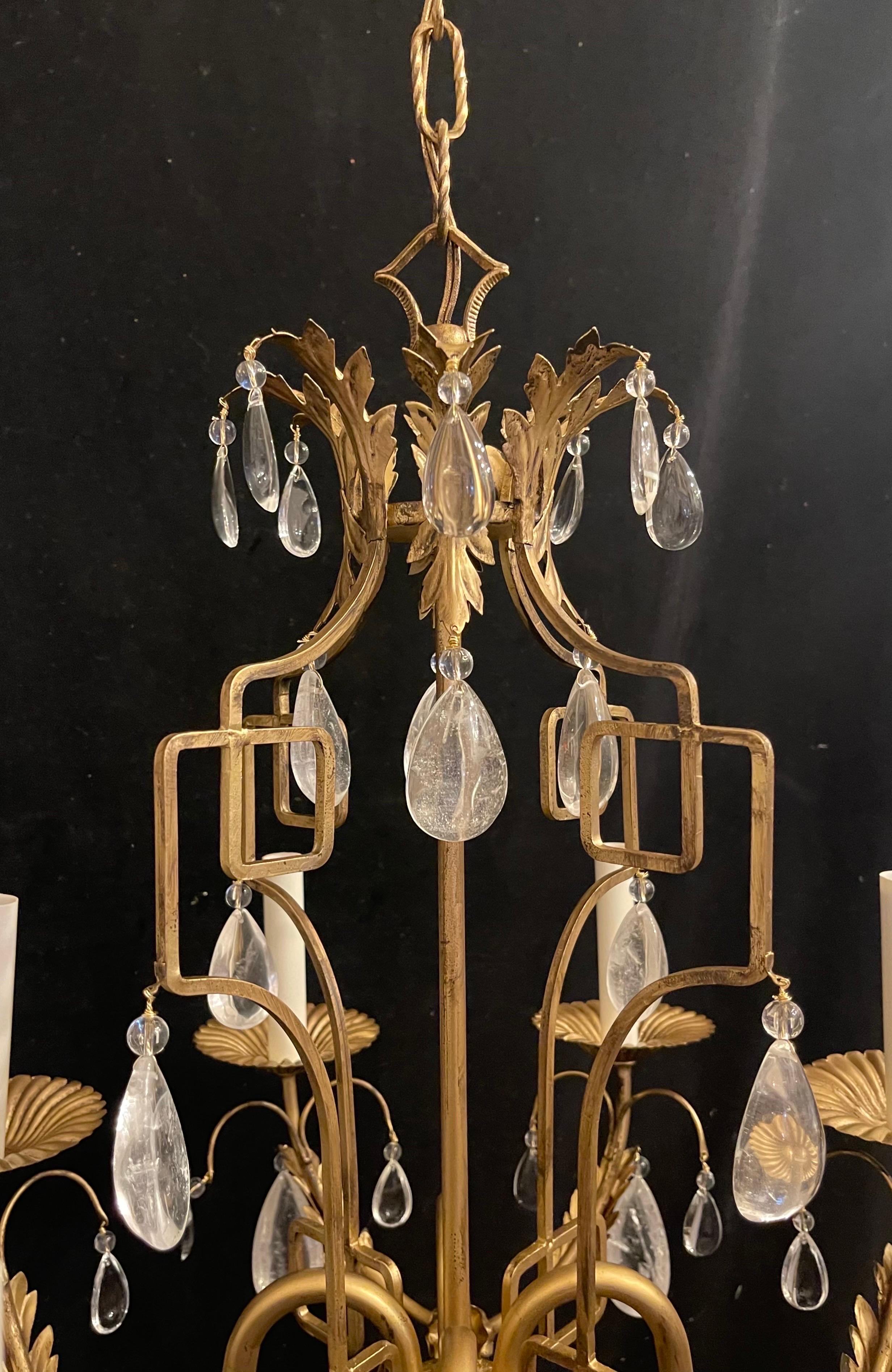 Wonderful French Pagoda Gilt Rock Crystal Baguès Chandelier Eight Light Fixture In Good Condition For Sale In Roslyn, NY