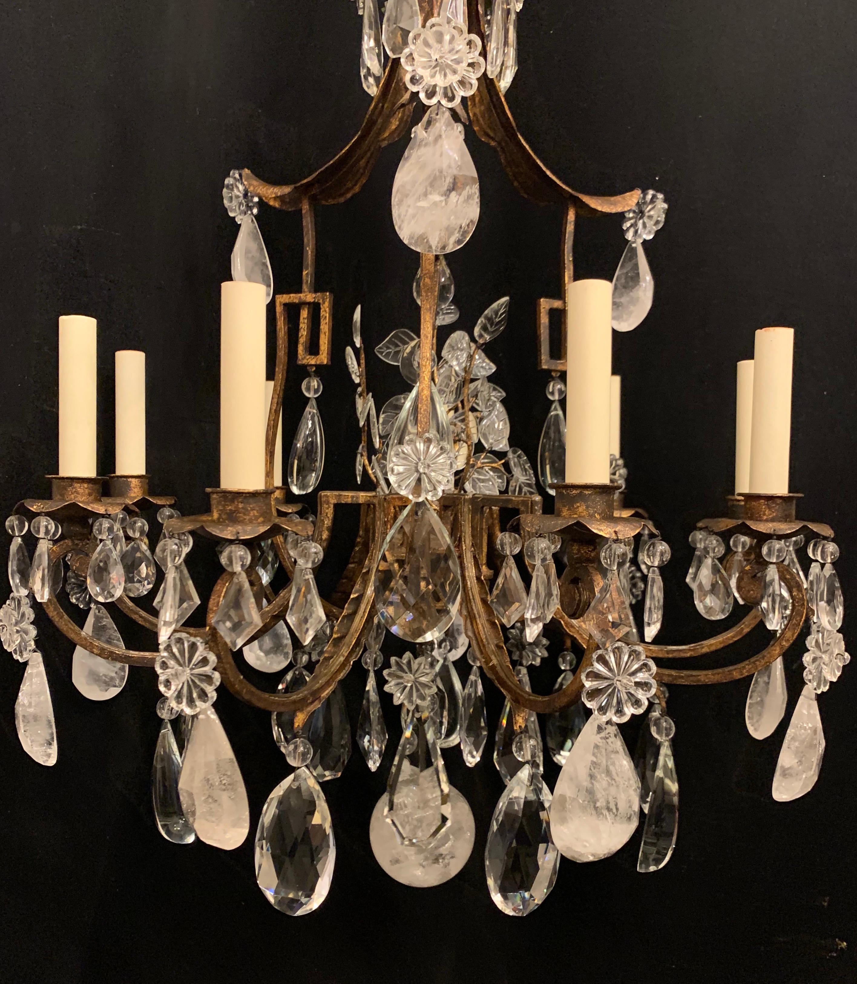 Wonderful French Pagoda Gilt Rock Crystal Baguès Chandelier Nine-Light Fixture In Good Condition In Roslyn, NY