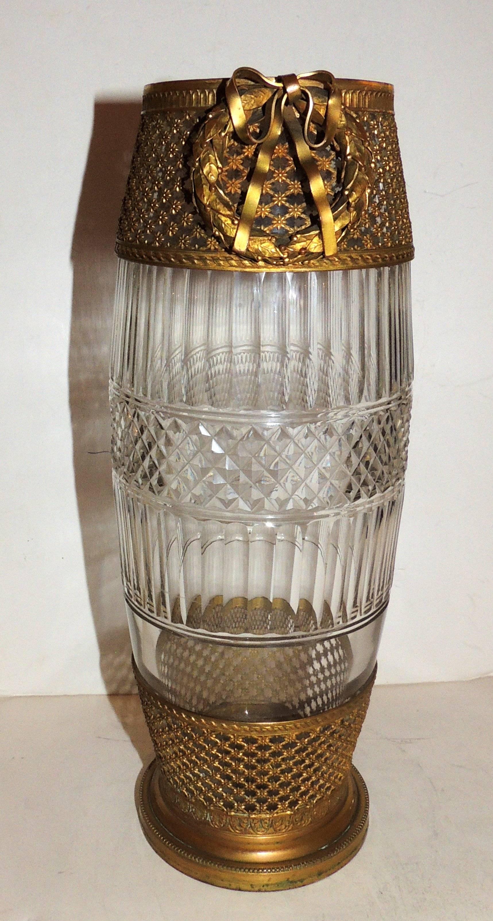 Wonderful French Fluted Etched Crystal Bronze Ormolu Rosette Wreath Vases, Pair In Good Condition For Sale In Roslyn, NY