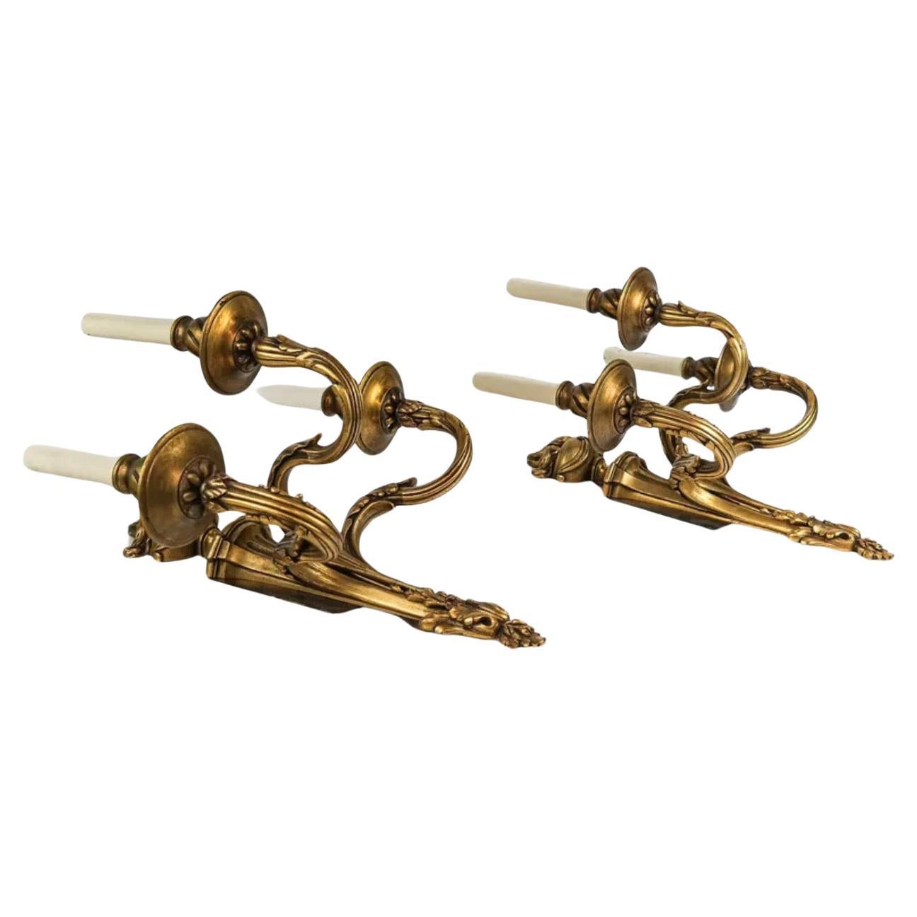 A Wonderful French Pair Louis XVI / Empire / Regency Style Gilt Bronze Urn Garland Swag Flame Top 3 Candelabra Light Sconces In The Manner Of E.F. Caldwell