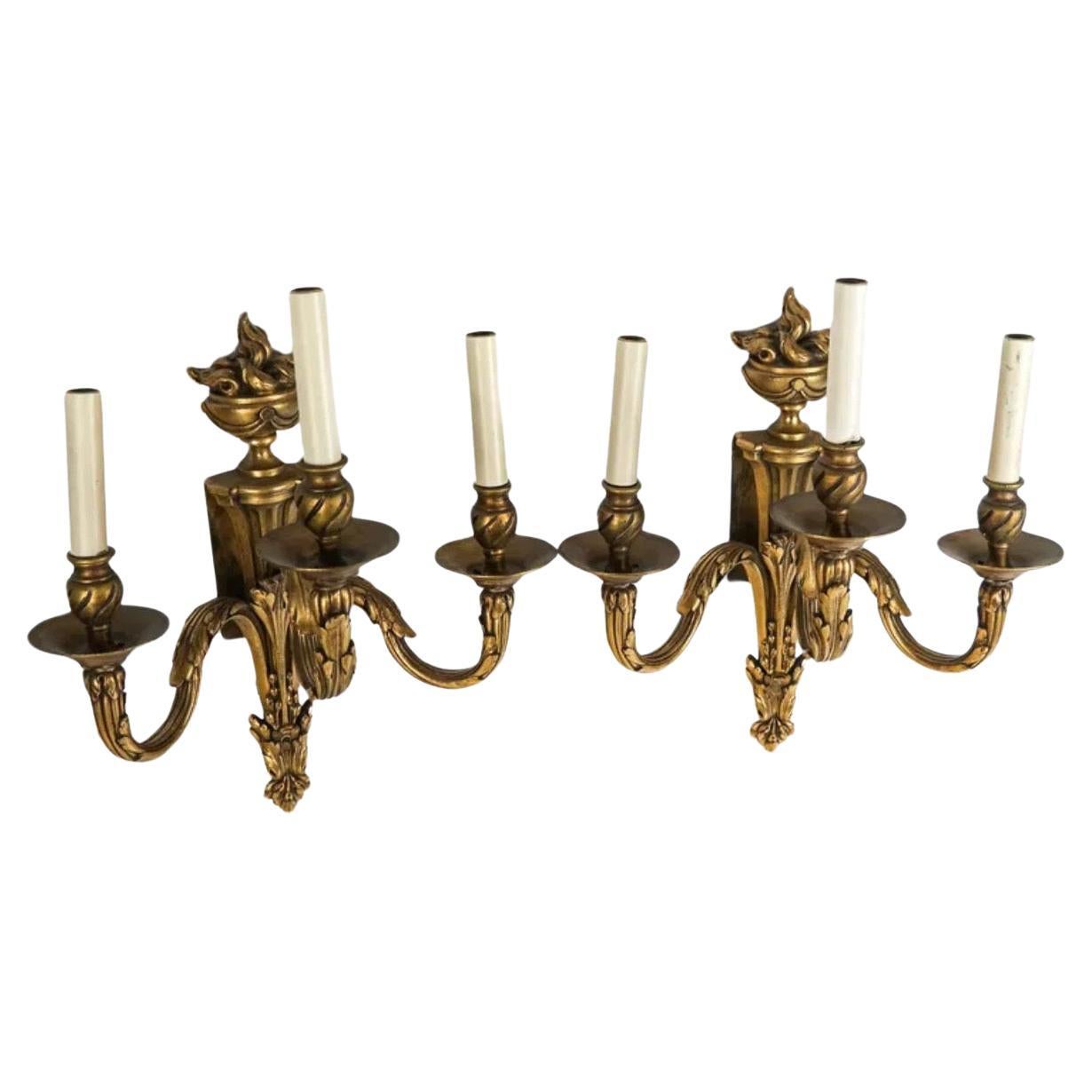 Wonderful French Pair Louis XVI Bronze Urn Garland Flame Empire Caldwell Sconces For Sale