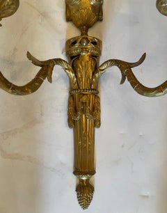 Wonderful French Pair Louis XVI Gilt Bronze Urn Garland Swag Flame Top Sconces
